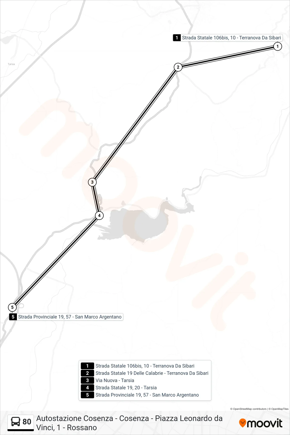 80 bus Line (Provincial Road 19, 57 - San Marco Argentano) route and stops on a map