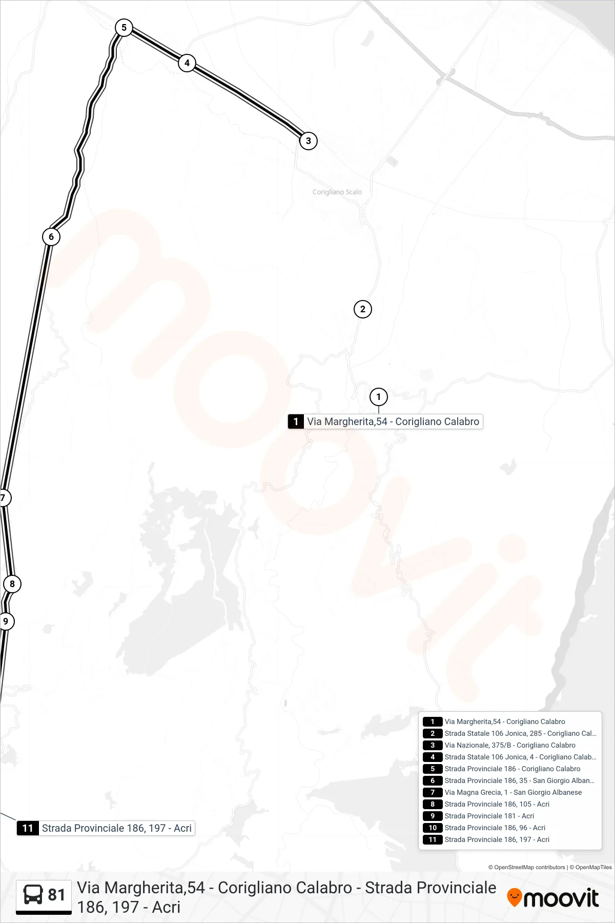 Linea 81 bus (Strada Provinciale 186, 197 - Acri) - Percorsi e fermate sulla mappa