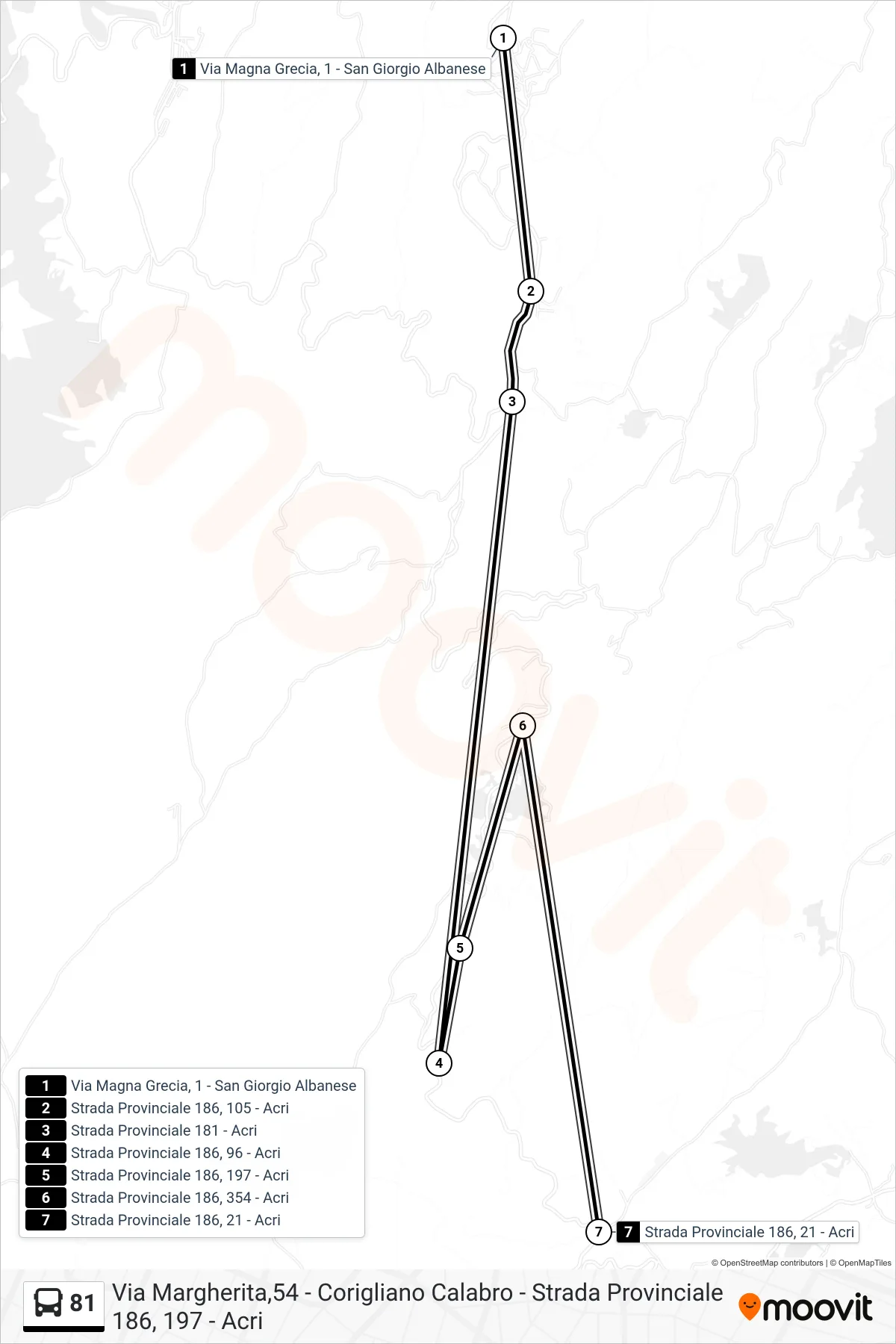 Linea 81  bus (Strada Provinciale 186, 21 - Acri) - Percorsi e fermate sulla mappa