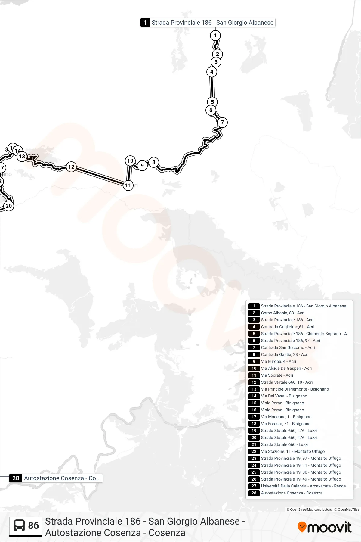 Linea 86 bus (Autostazione Cosenza - Cosenza) - Percorsi e fermate sulla mappa