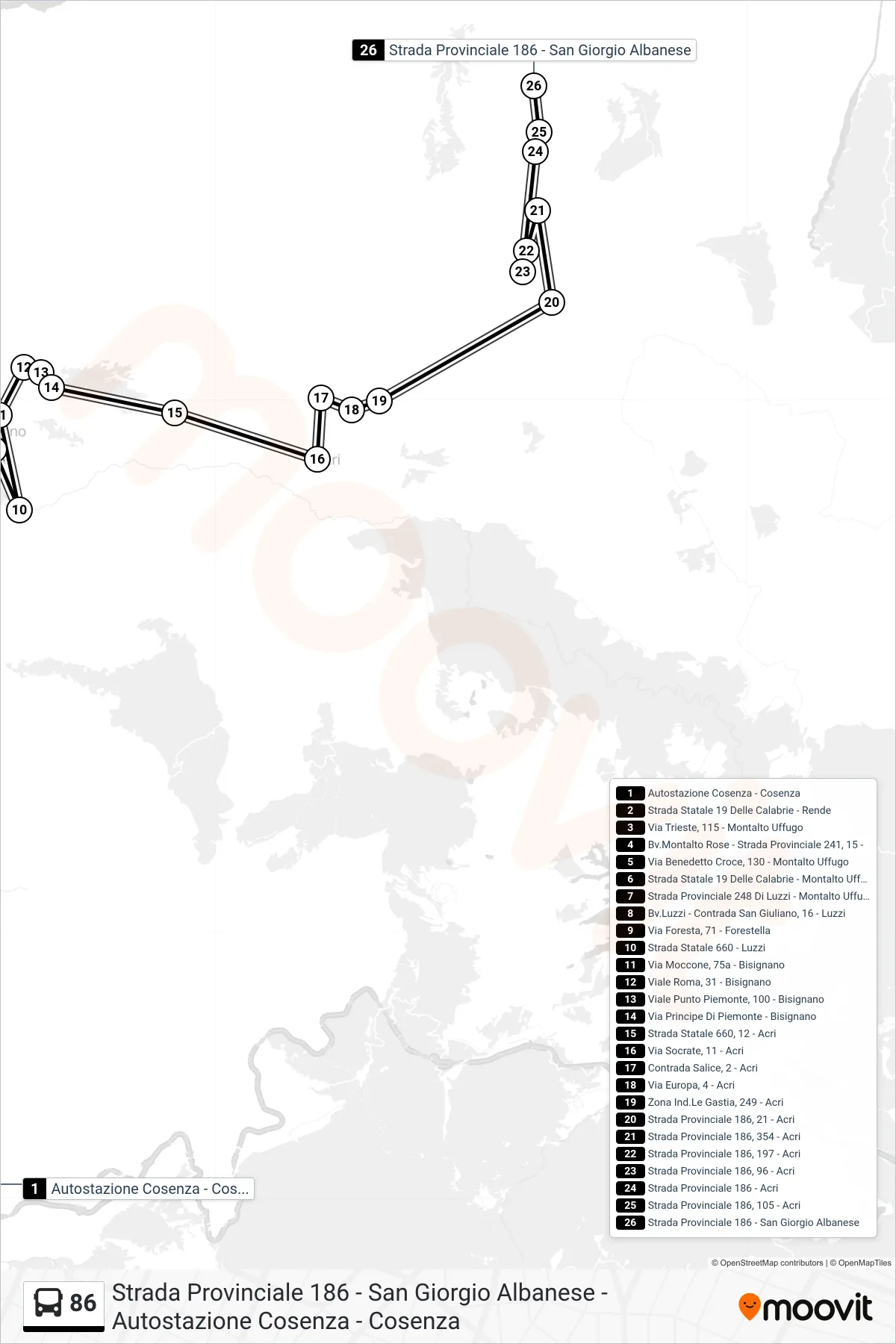 Linea 86 bus (Strada Provinciale 186 - San Giorgio Albanese) - Percorsi e fermate sulla mappa