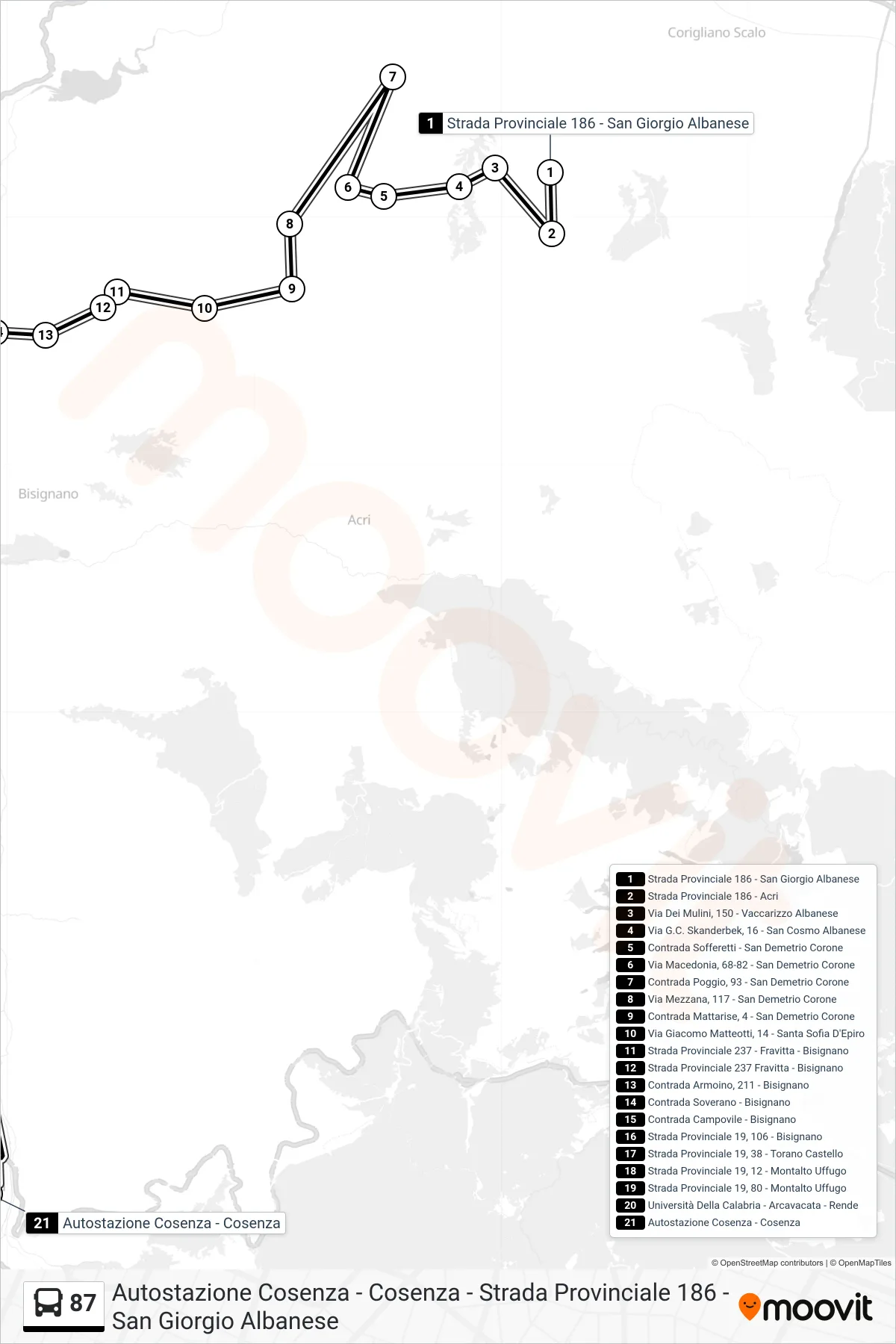 Linea 87 bus (Autostazione Cosenza - Cosenza) - Percorsi e fermate sulla mappa