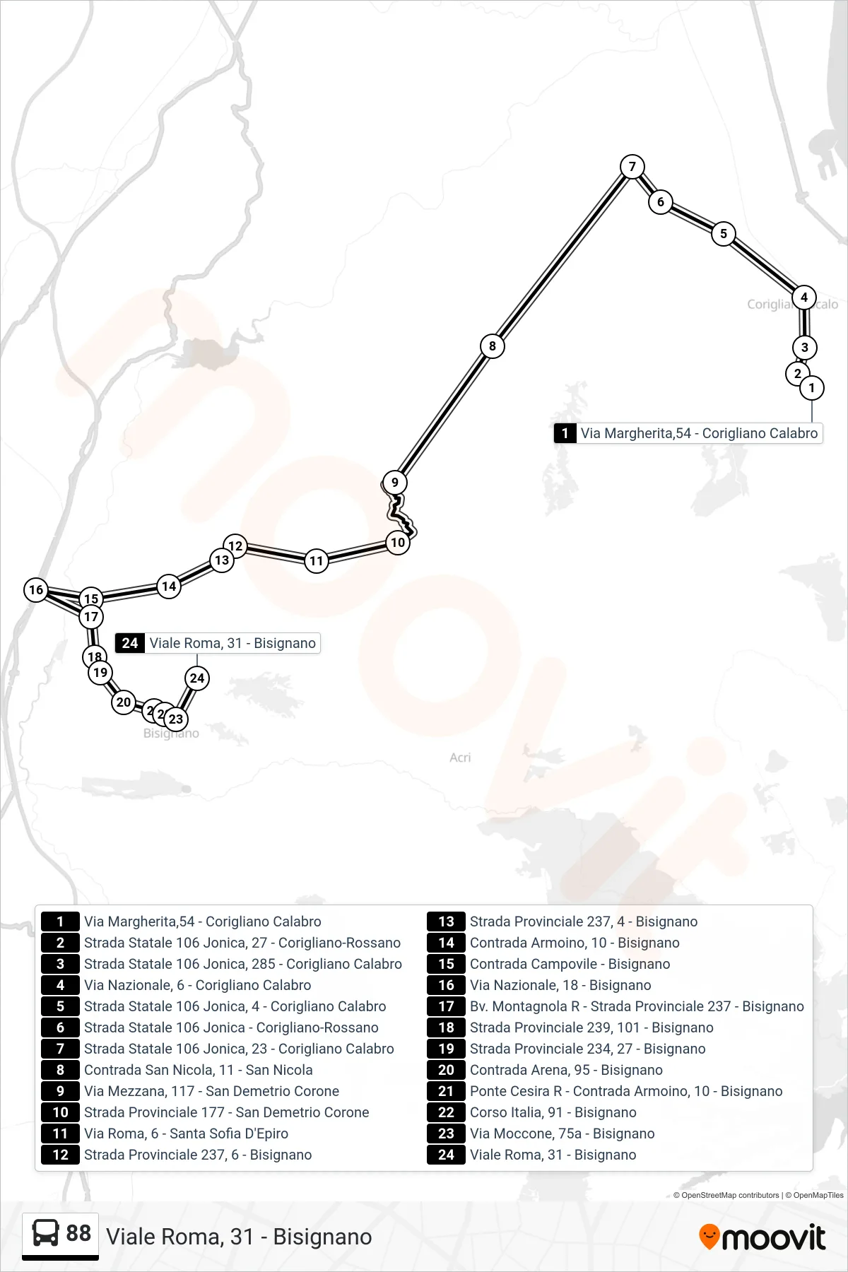 Linea 88  bus (Viale Roma, 31 - Bisignano) - Percorsi e fermate sulla mappa