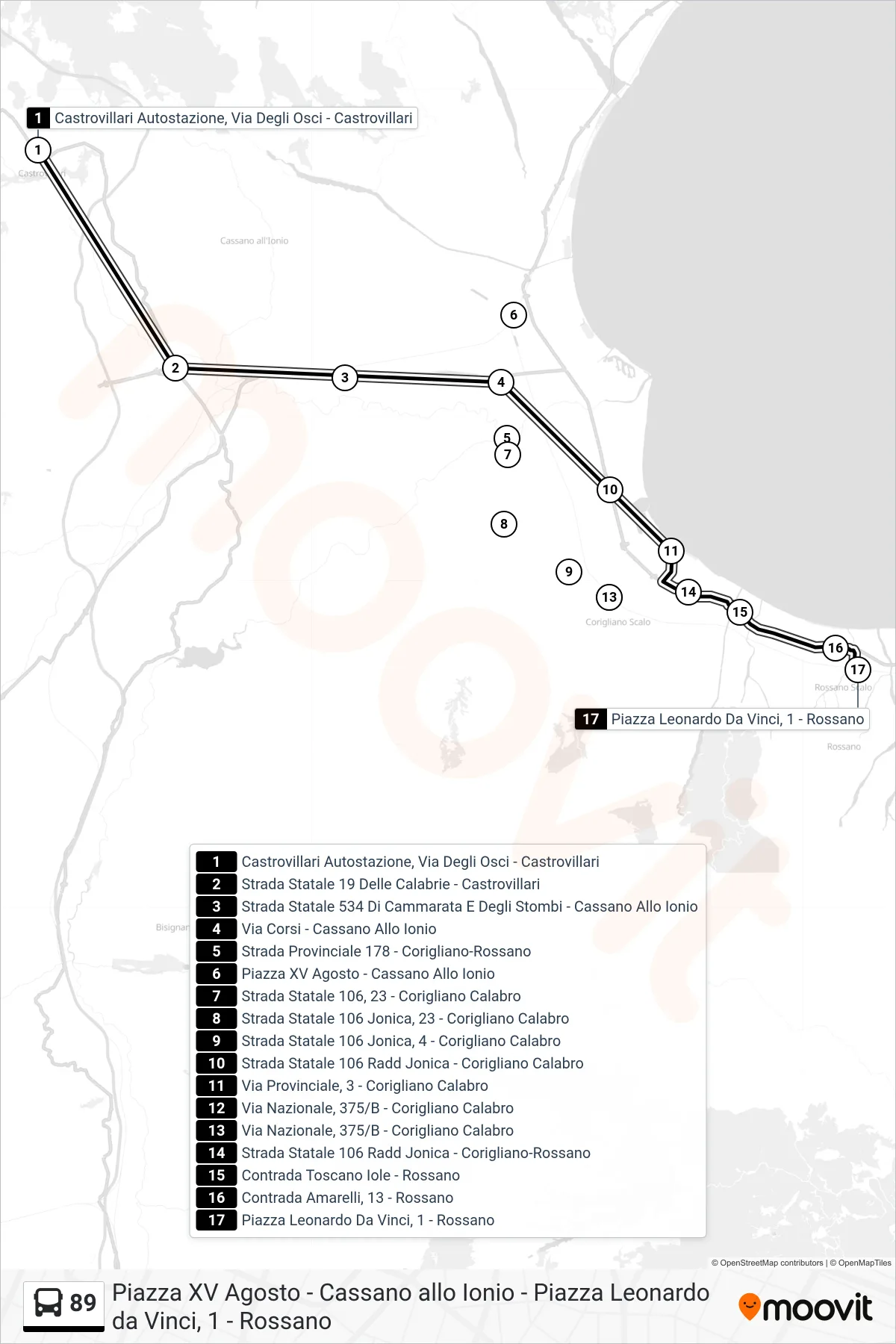 Linea 89 bus (Piazza Leonardo Da Vinci, 1 - Rossano) - Percorsi e fermate sulla mappa