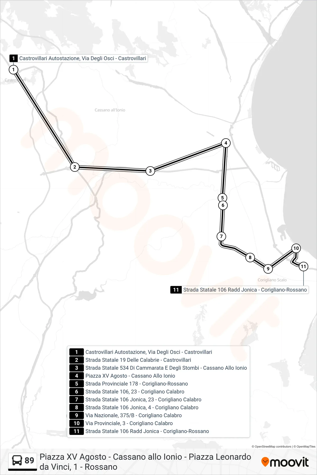 Linea 89  bus (Strada Statale 106 Radd Jonica - Corigliano-Rossano) - Percorsi e fermate sulla mappa