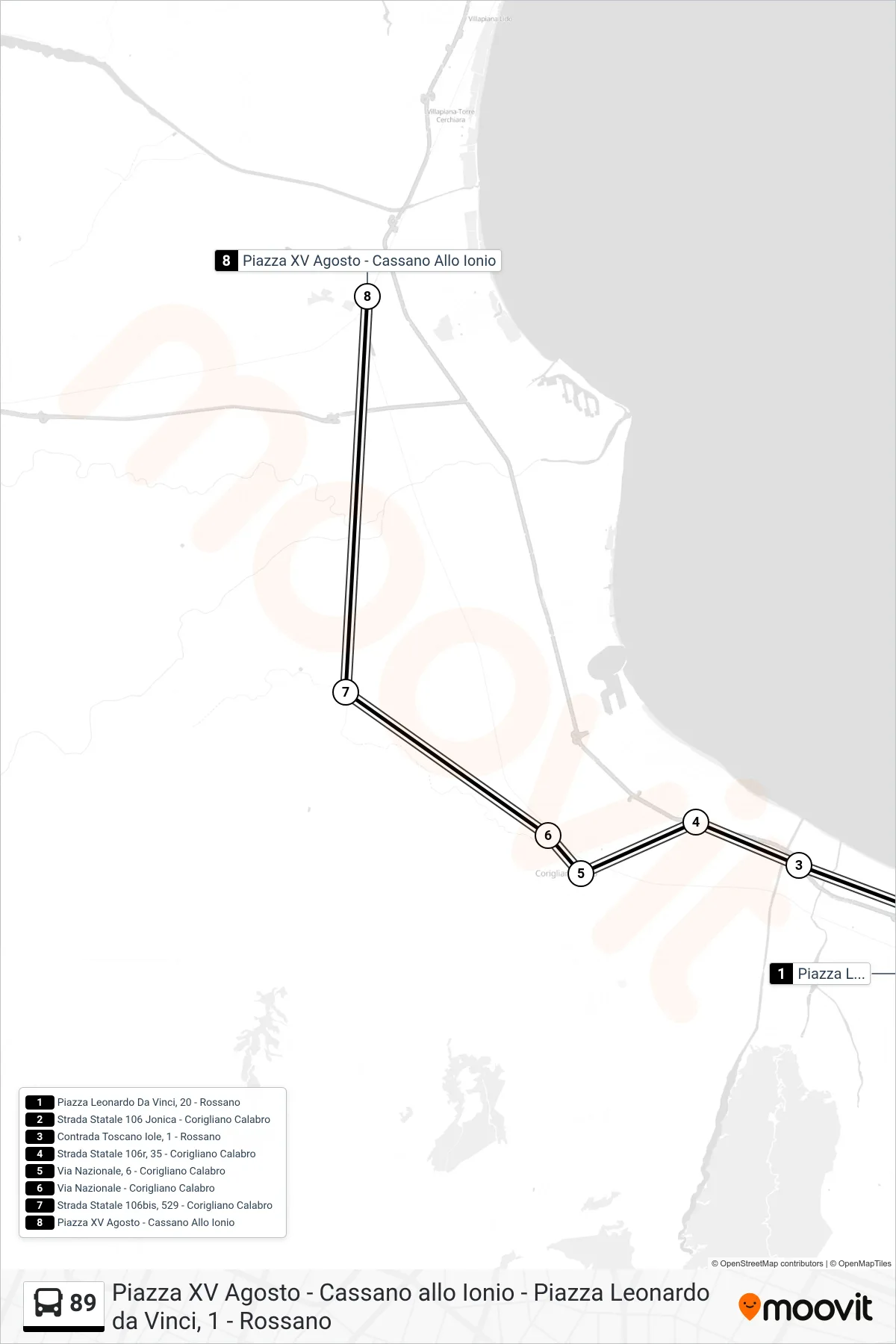 Linea 89 bus (Piazza XV Agosto - Cassano Allo Ionio) - Percorsi e fermate sulla mappa