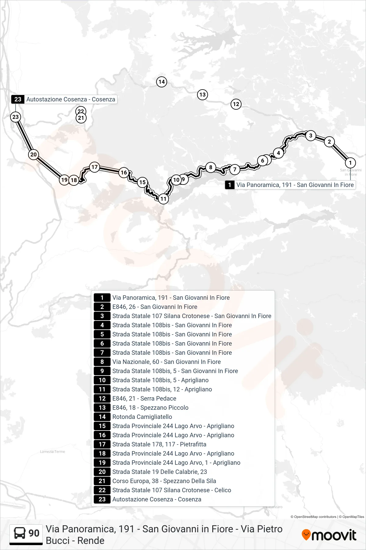 Linea 90 bus (Autostazione Cosenza - Cosenza) - Percorsi e fermate sulla mappa