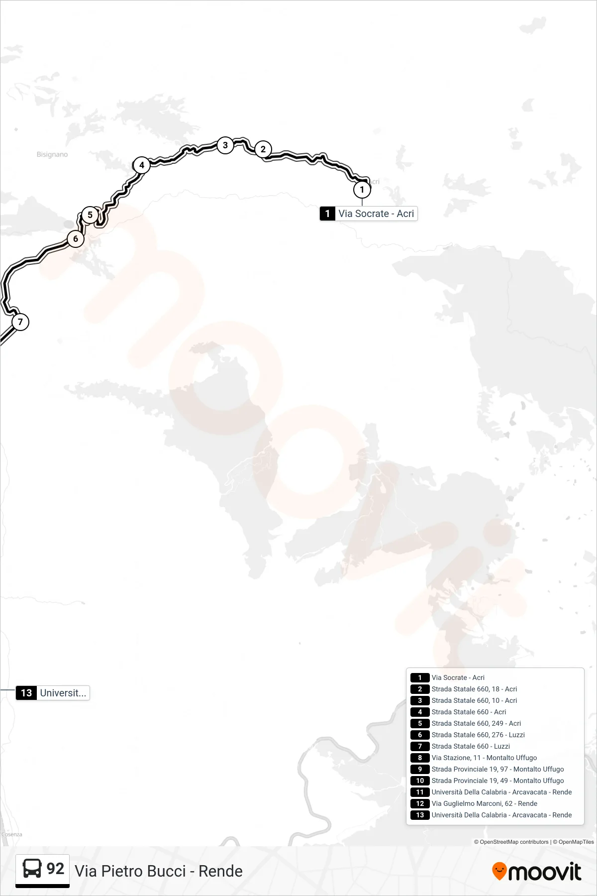 Linea 92 bus (Via Pietro Bucci - Rende) - Percorsi e fermate sulla mappa