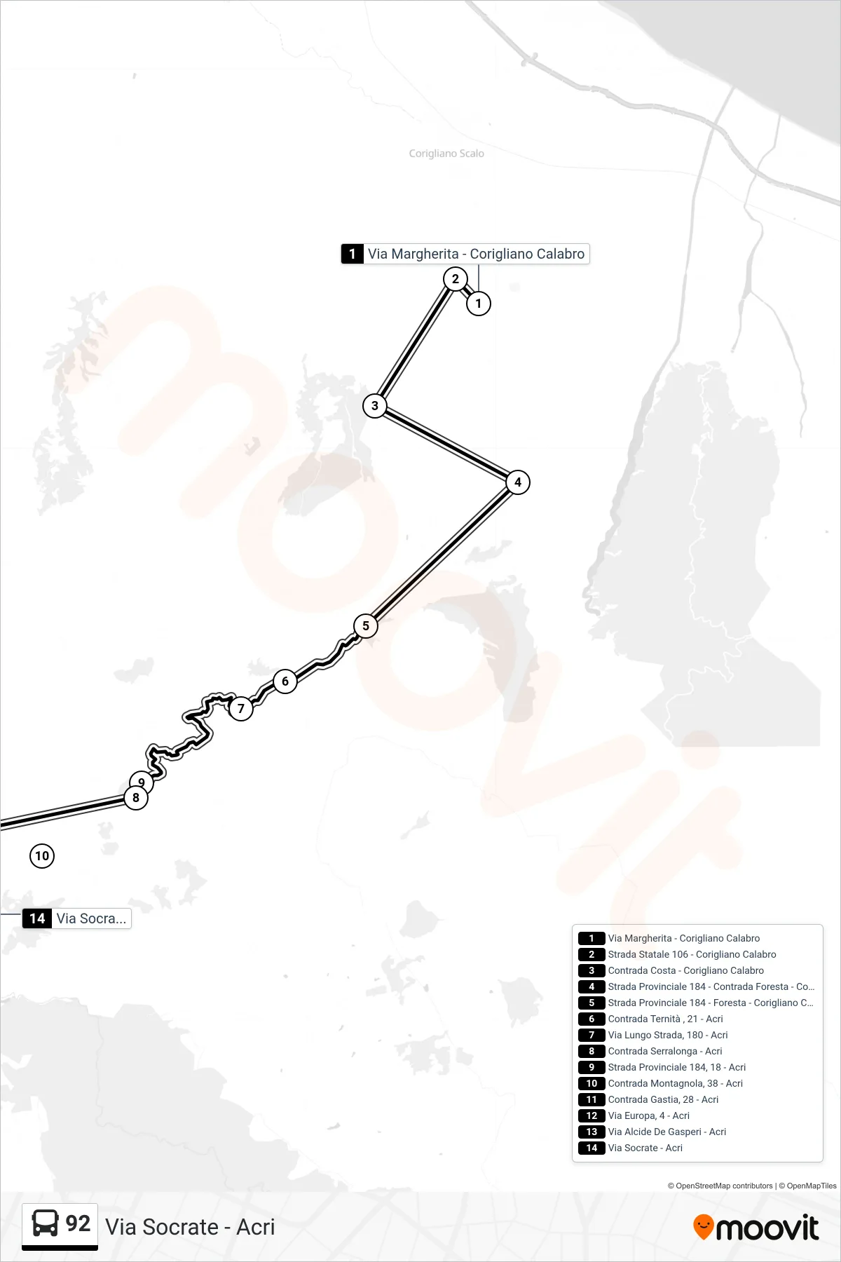 Linea 92  bus (Via  Socrate - Acri) - Percorsi e fermate sulla mappa