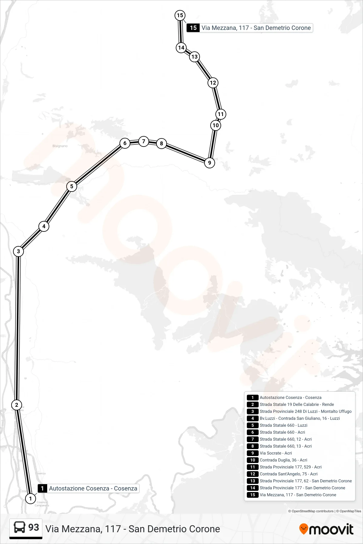 Linea 93 bus (Via Mezzana, 117 - San Demetrio Corone) - Percorsi e fermate sulla mappa