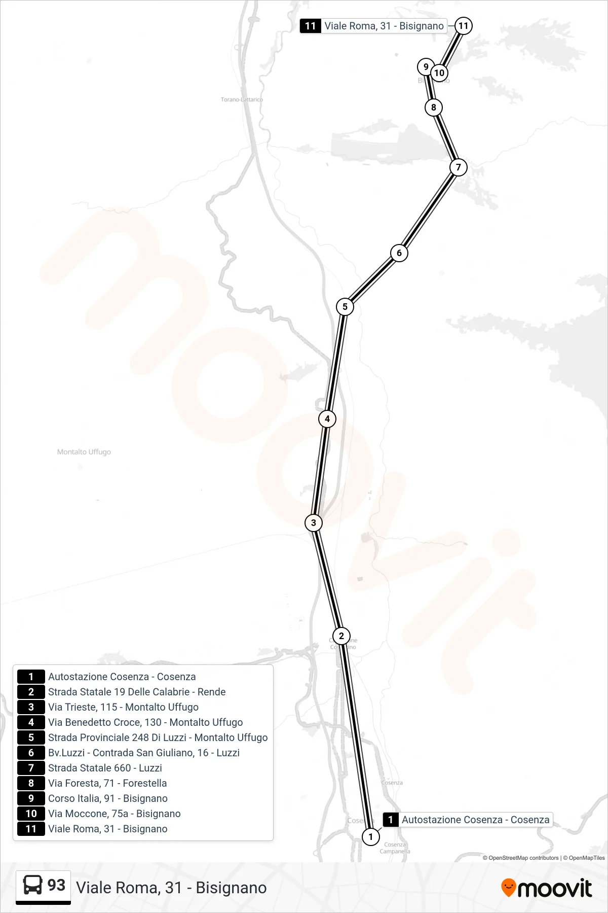 Linea 93 bus (Viale Roma, 31 - Bisignano) - Percorsi e fermate sulla mappa