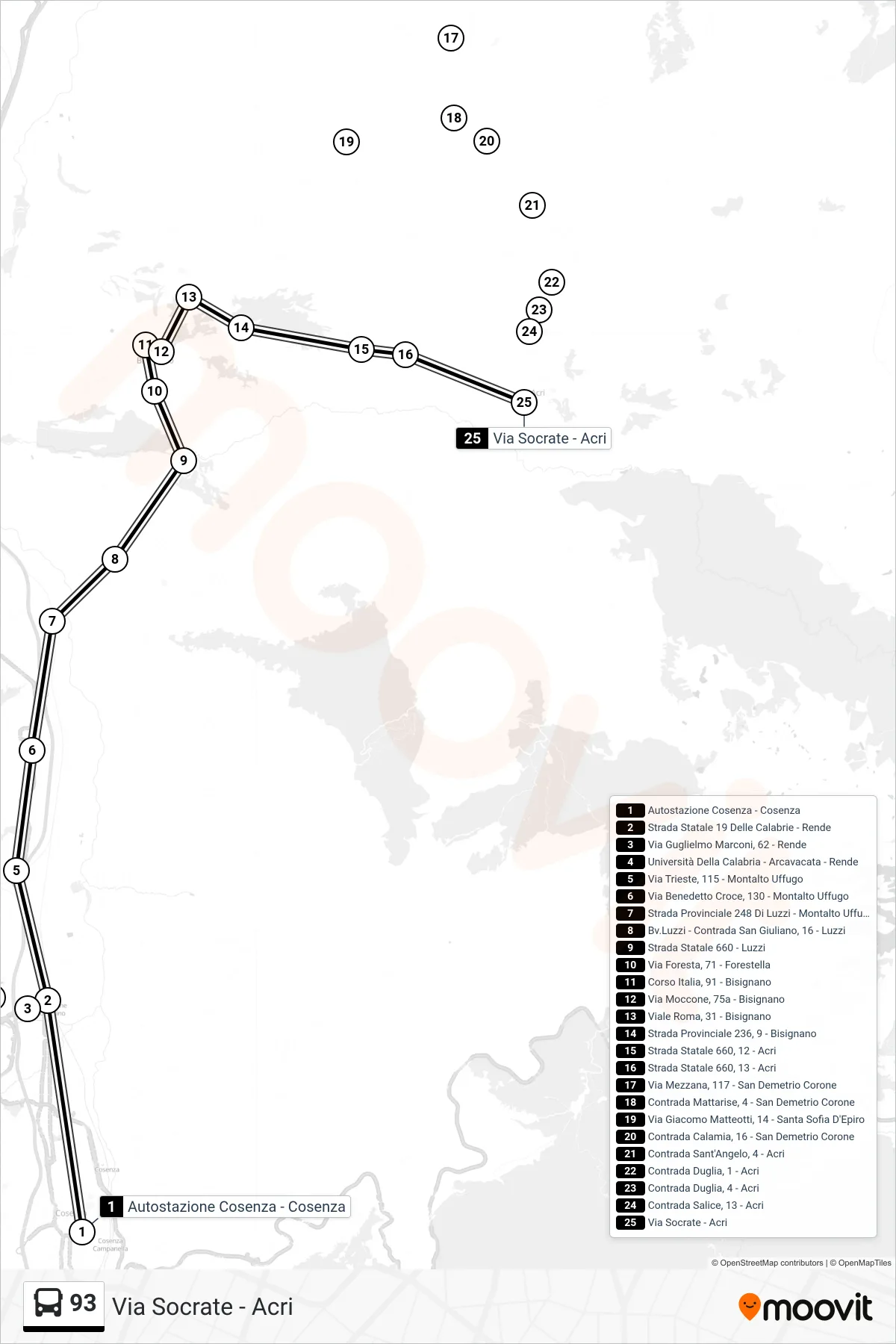 Linea 93  bus (Via  Socrate - Acri) - Percorsi e fermate sulla mappa