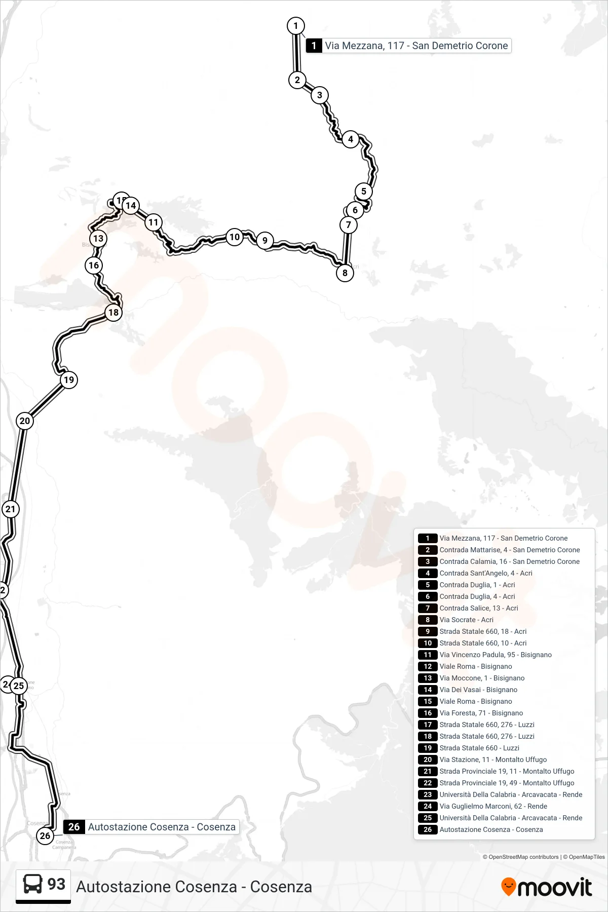 Linea 93 bus (Autostazione Cosenza - Cosenza) - Percorsi e fermate sulla mappa