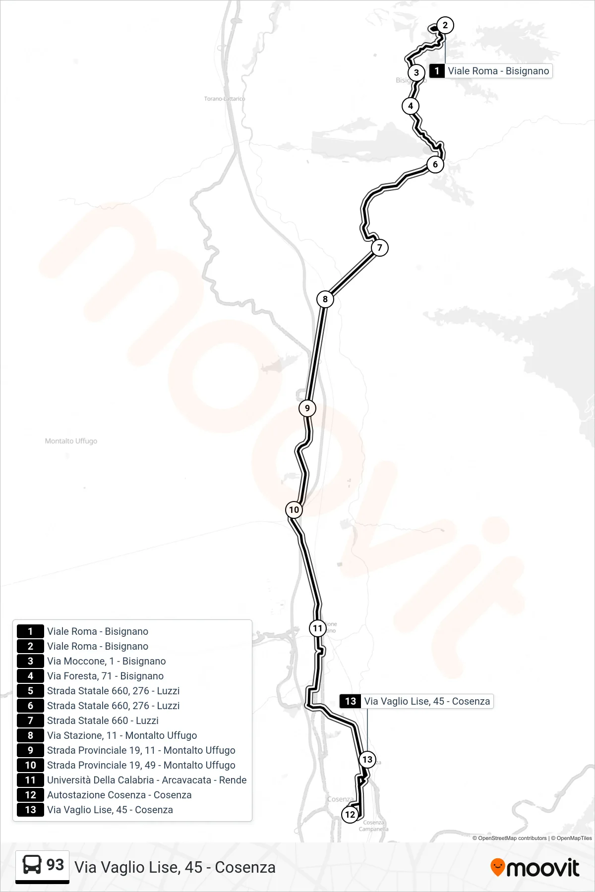 Linea 93 bus (Via Vaglio Lise, 45 - Cosenza) - Percorsi e fermate sulla mappa