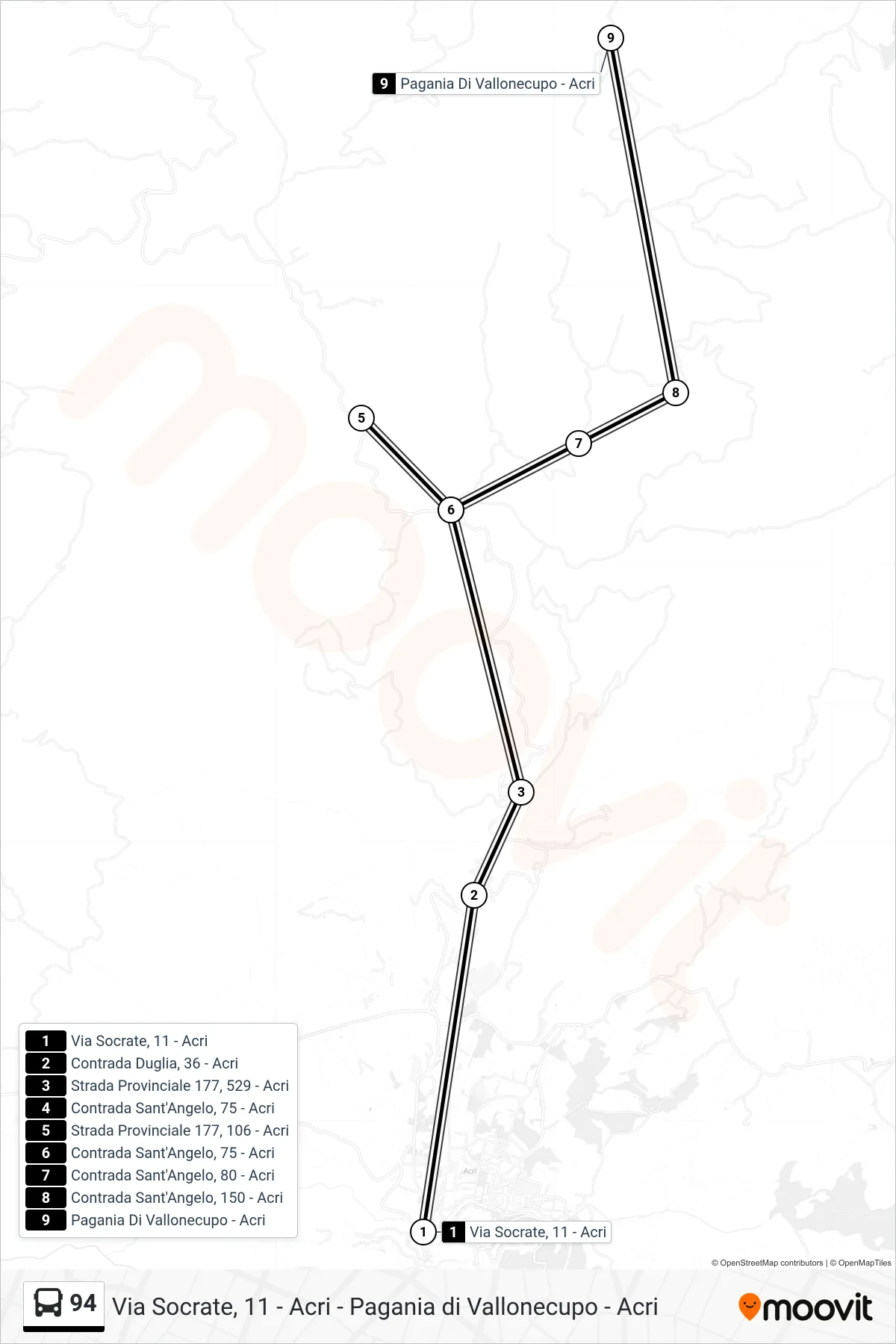 Linea 94 bus (Pagania Di Vallonecupo - Acri) - Percorsi e fermate sulla mappa