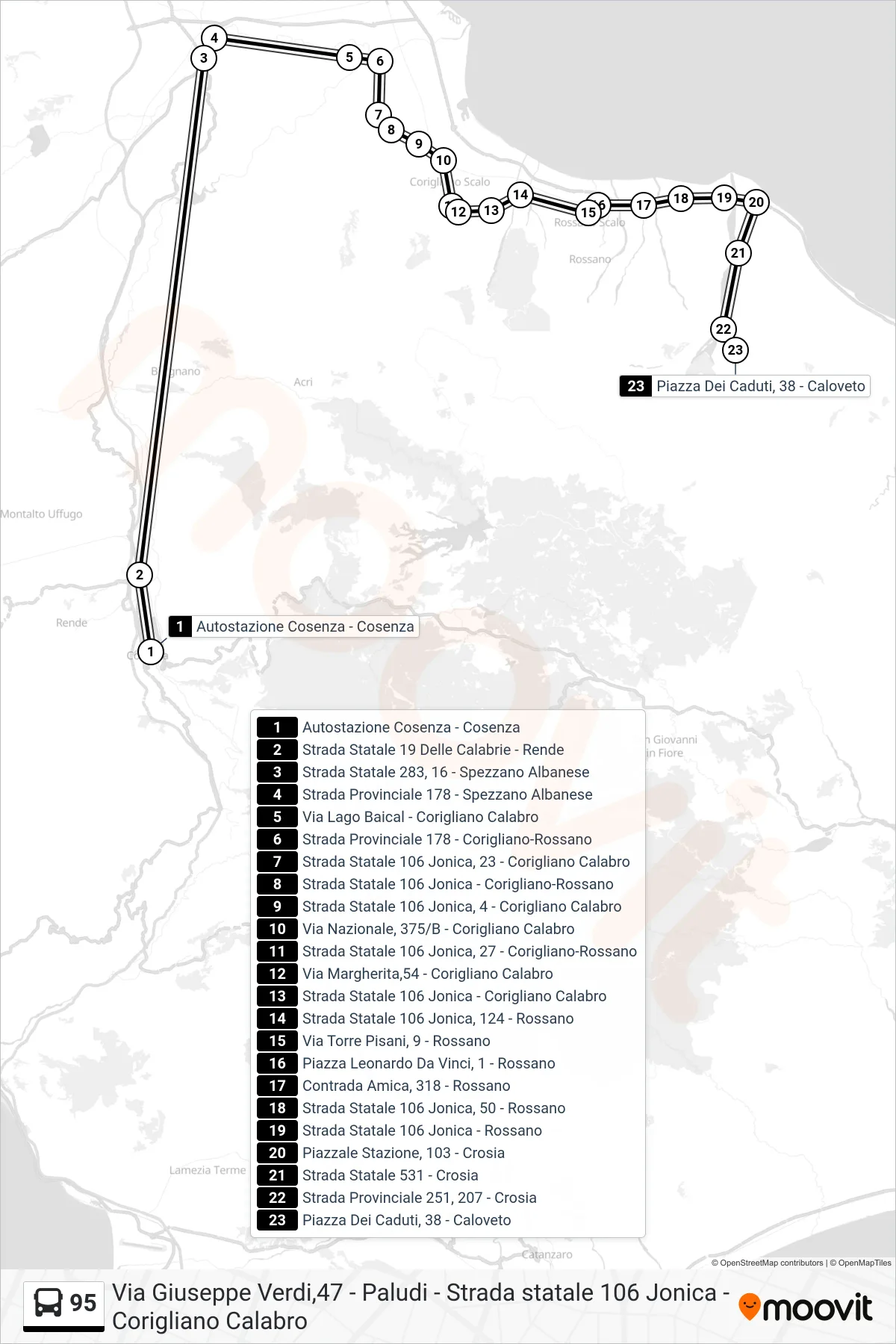 Linea 95 bus (Piazza Dei Caduti, 38 - Caloveto) - Percorsi e fermate sulla mappa