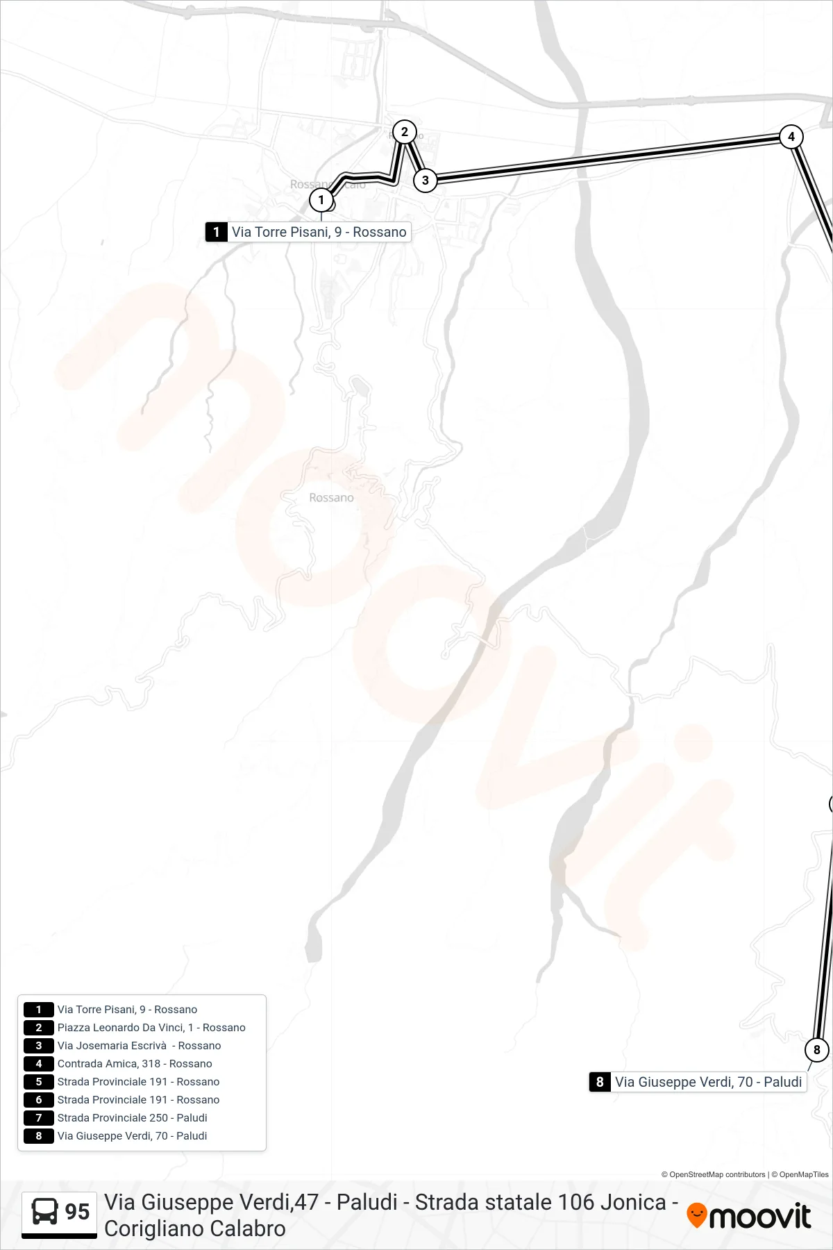 Linea 95 bus (Via Giuseppe Verdi, 70 - Paludi) - Percorsi e fermate sulla mappa