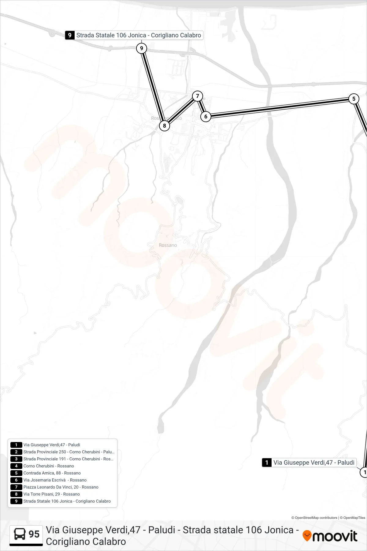 Linea 95  bus (Strada Statale  106 Jonica - Corigliano Calabro) - Percorsi e fermate sulla mappa