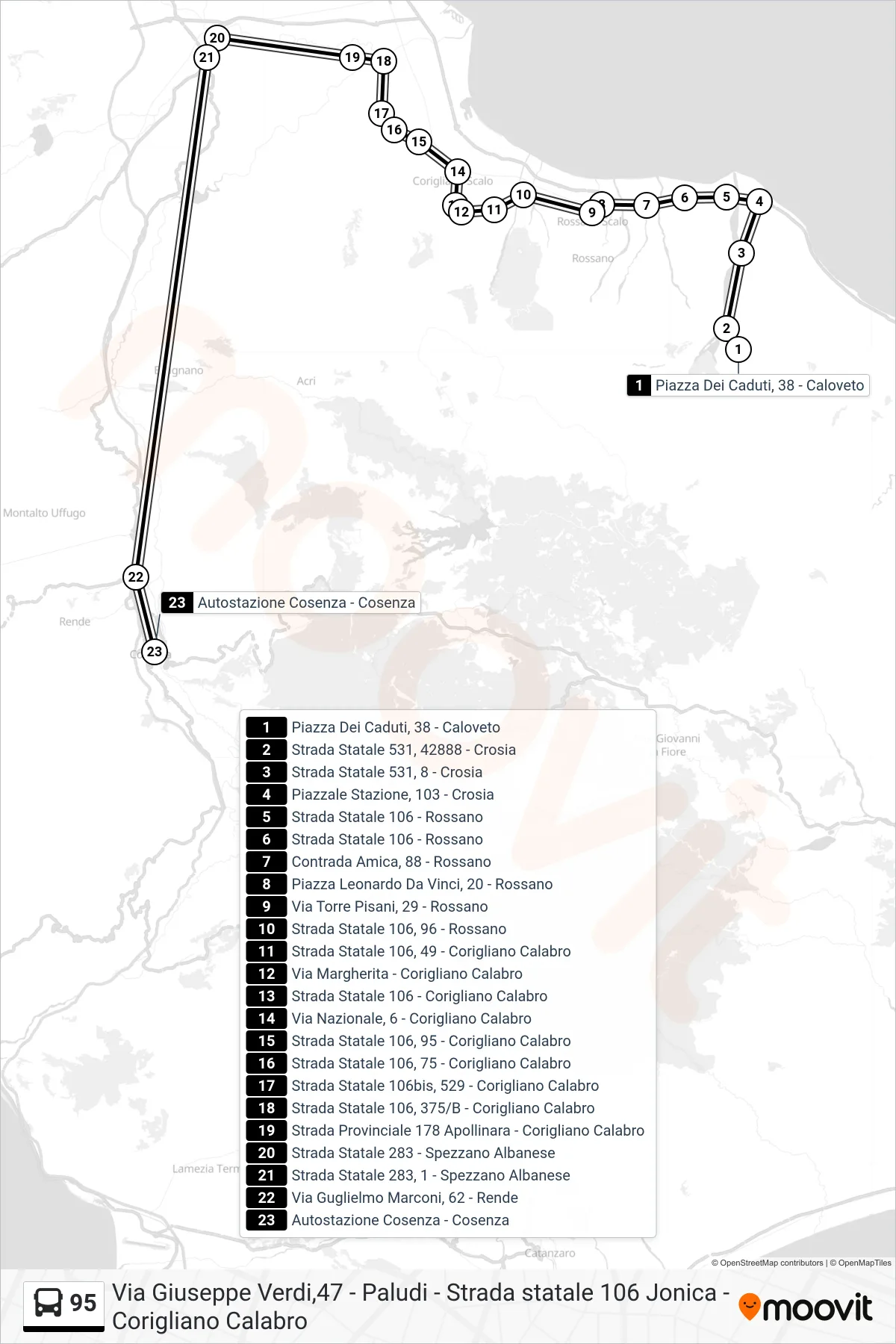 Linea 95 bus (Autostazione Cosenza - Cosenza) - Percorsi e fermate sulla mappa