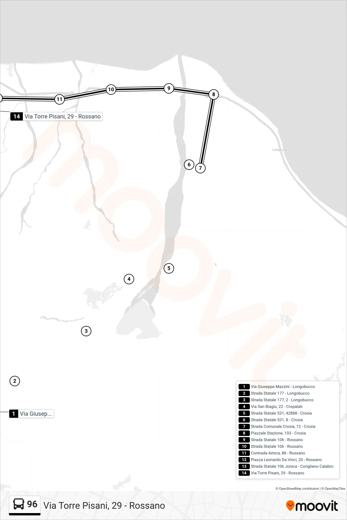 Linea 96 bus (Via Torre Pisani, 29 - Rossano) - Percorsi e fermate sulla mappa