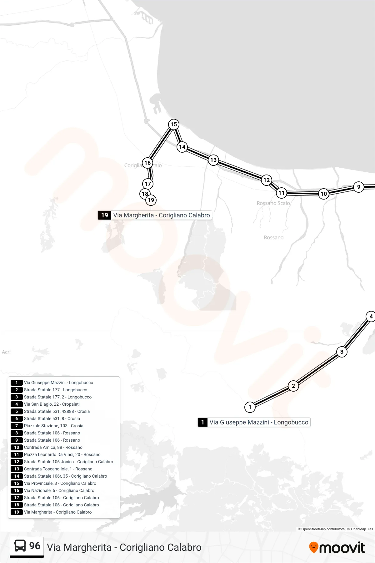 Linea 96  bus (Via  Margherita - Corigliano Calabro) - Percorsi e fermate sulla mappa