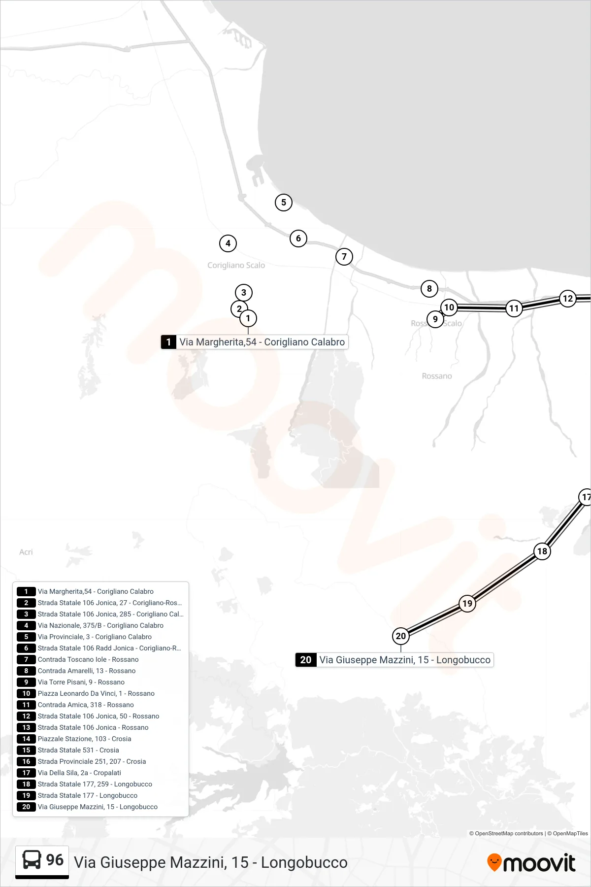 Linea 96 bus (Via Giuseppe Mazzini, 15 - Longobucco) - Percorsi e fermate sulla mappa