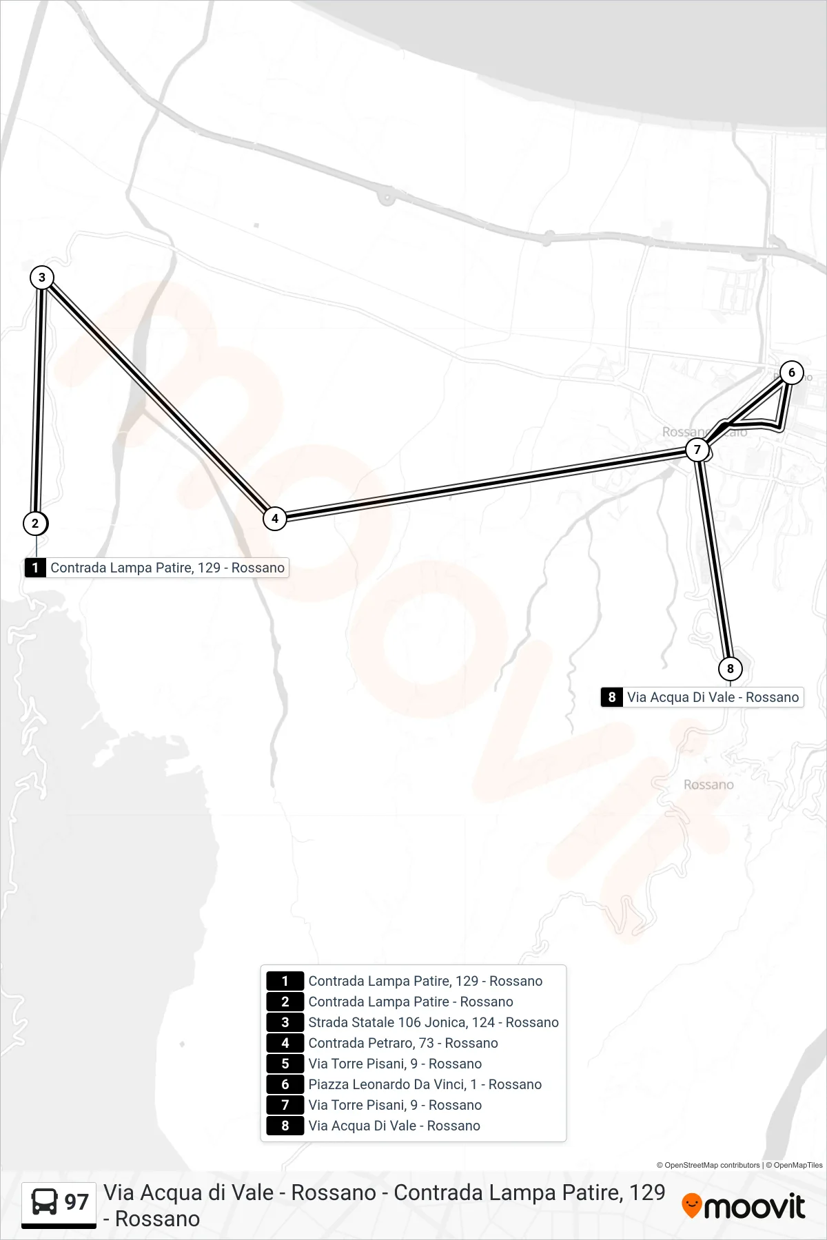 Linea 97 bus (Via Acqua Di Vale - Rossano) - Percorsi e fermate sulla mappa