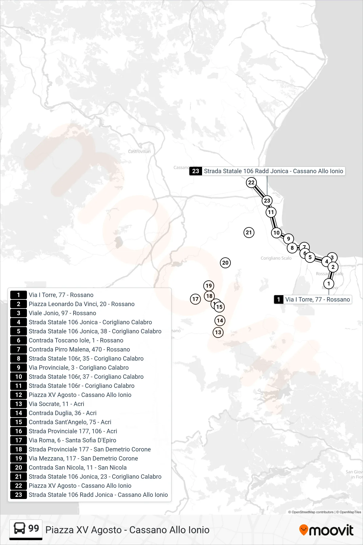 Linea 99 bus (Piazza XV Agosto - Cassano Allo Ionio) - Percorsi e fermate sulla mappa