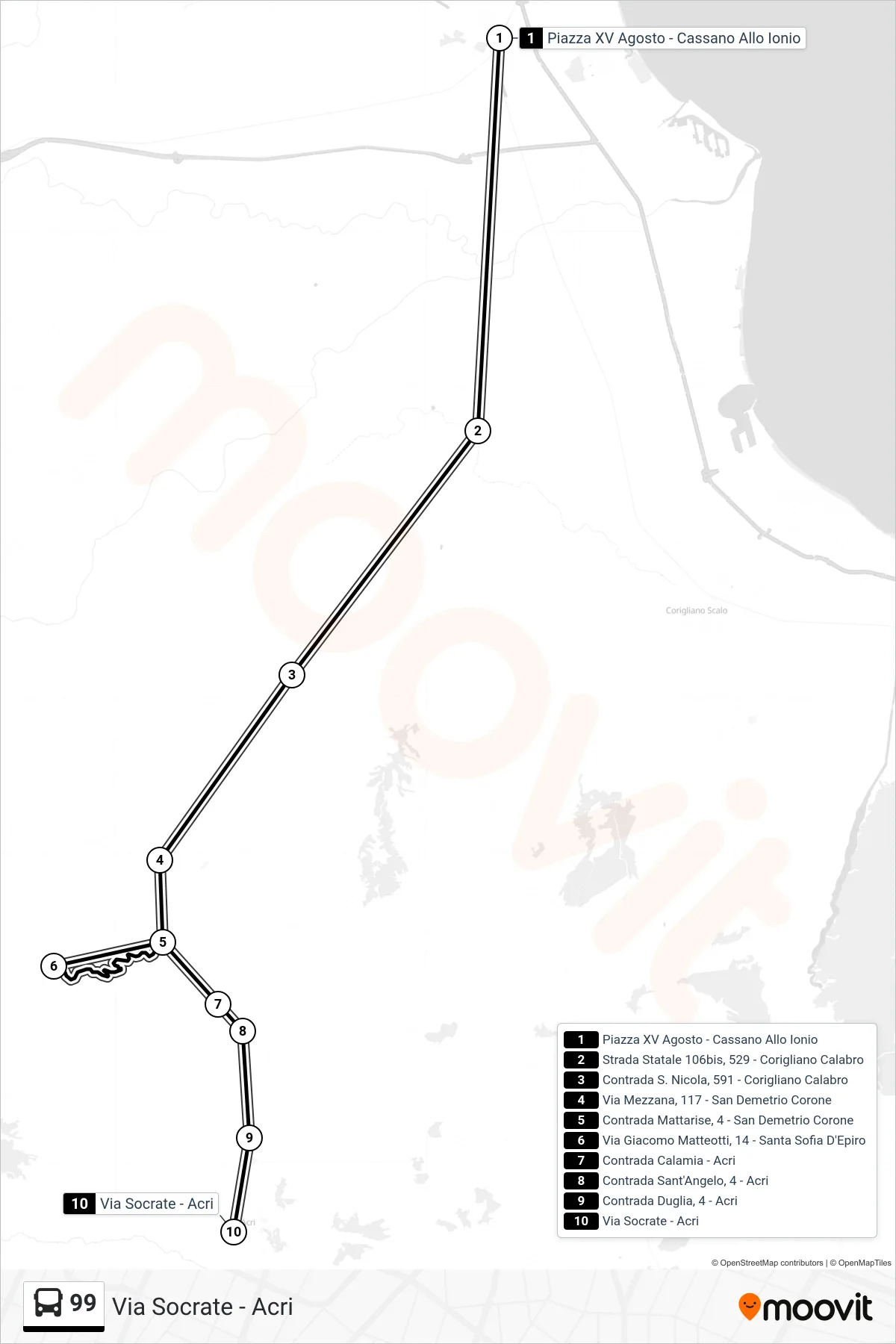 Linea 99 bus (Via Socrate - Acri) - Percorsi e fermate sulla mappa