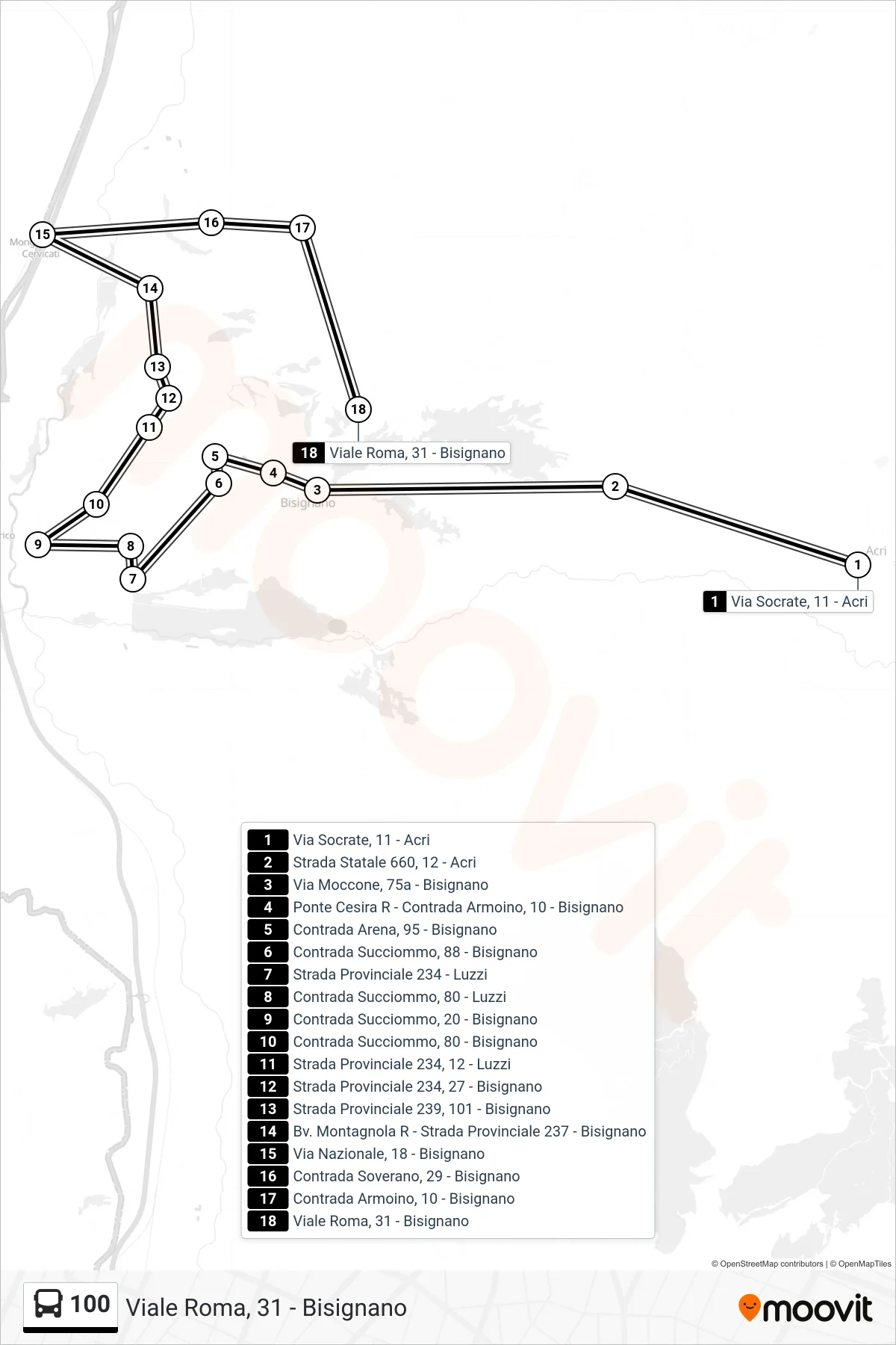 Linea 100 bus (Viale Roma, 31 - Bisignano) - Percorsi e fermate sulla mappa