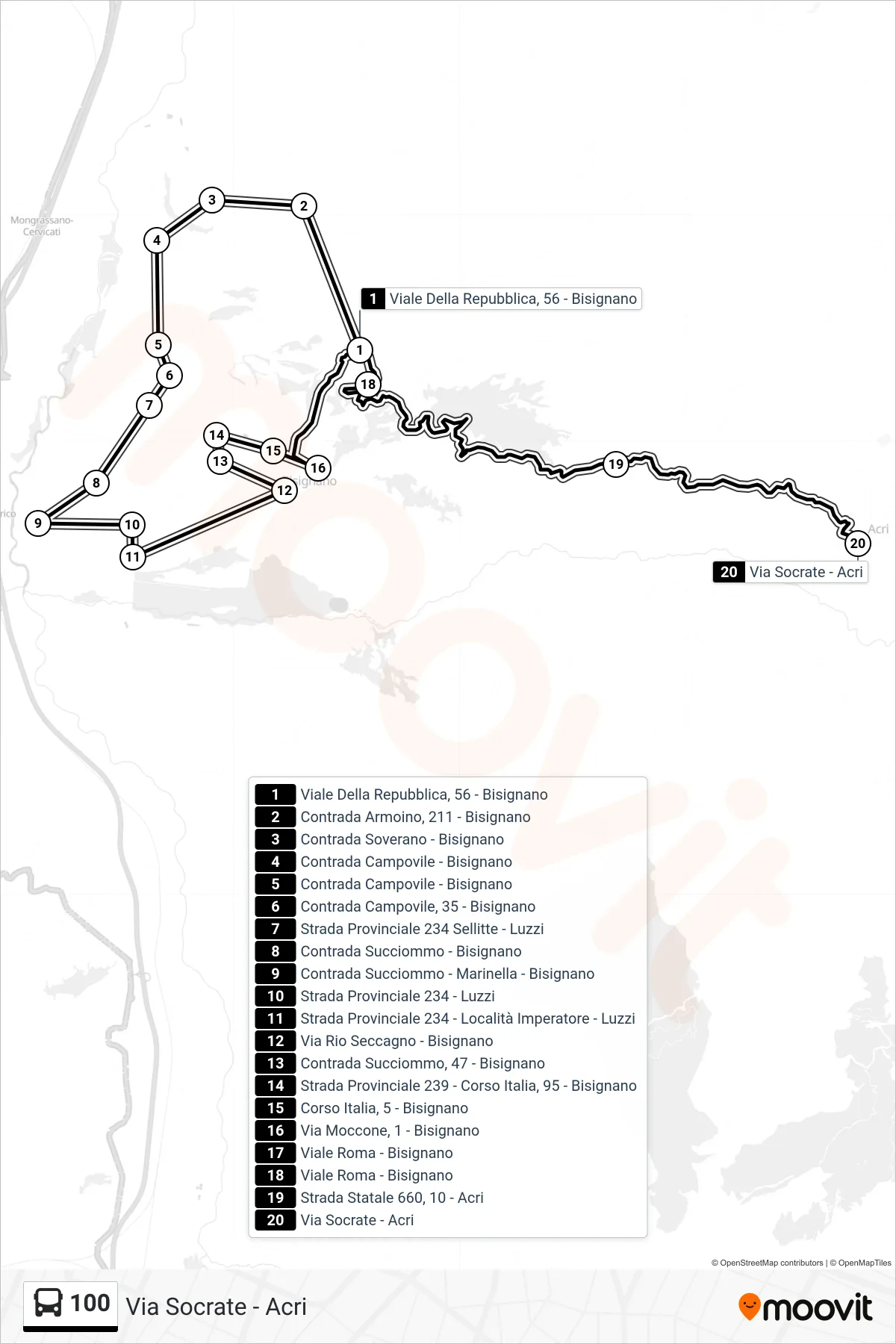 Linea 100  bus (Via  Socrate - Acri) - Percorsi e fermate sulla mappa