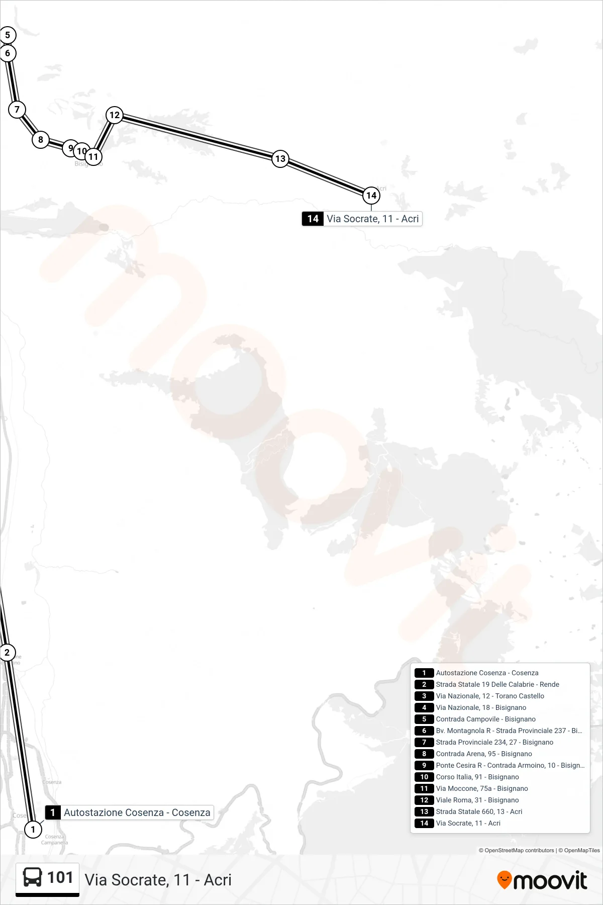 Linea 101  bus (Via Socrate, 11 - Acri) - Percorsi e fermate sulla mappa