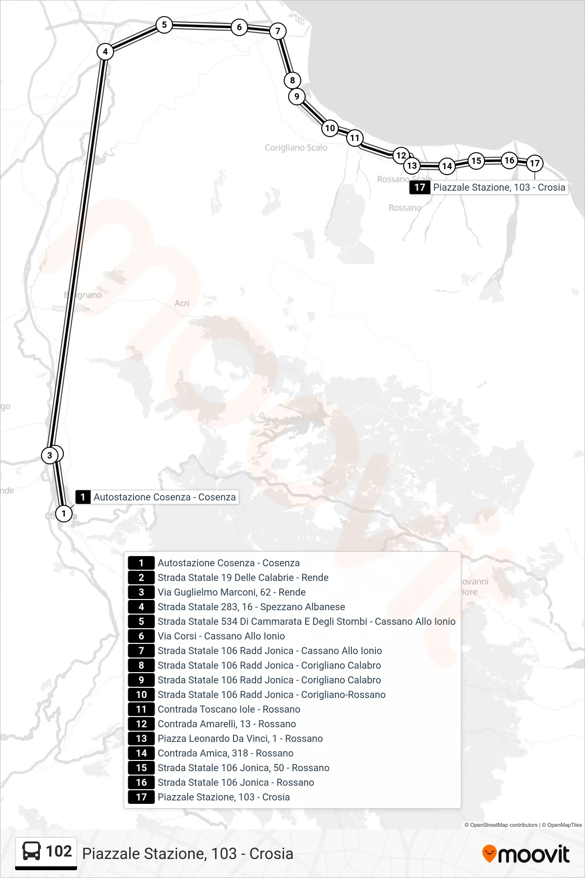 Linea 102  bus (Piazzale  Stazione, 103 - Crosia) - Percorsi e fermate sulla mappa