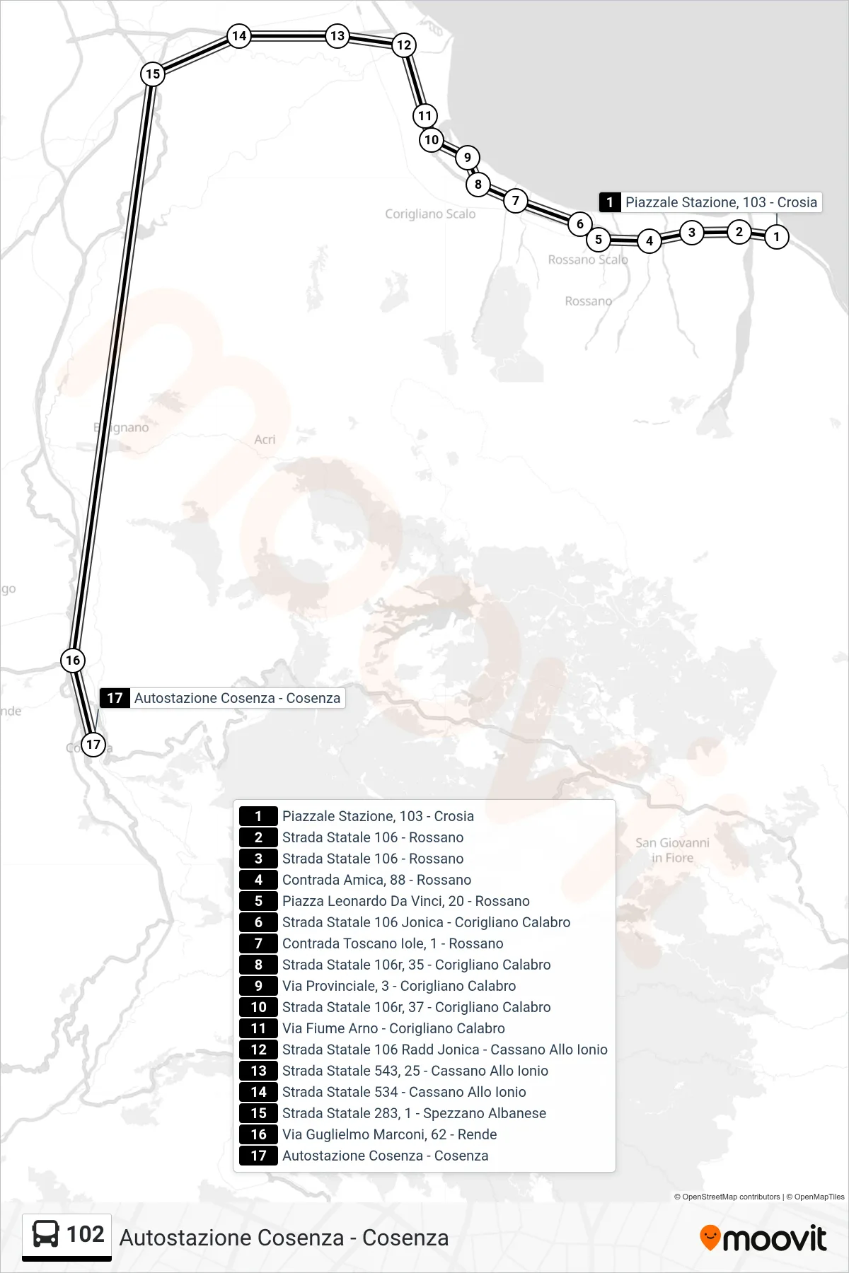 Linea 102 bus (Autostazione Cosenza - Cosenza) - Percorsi e fermate sulla mappa