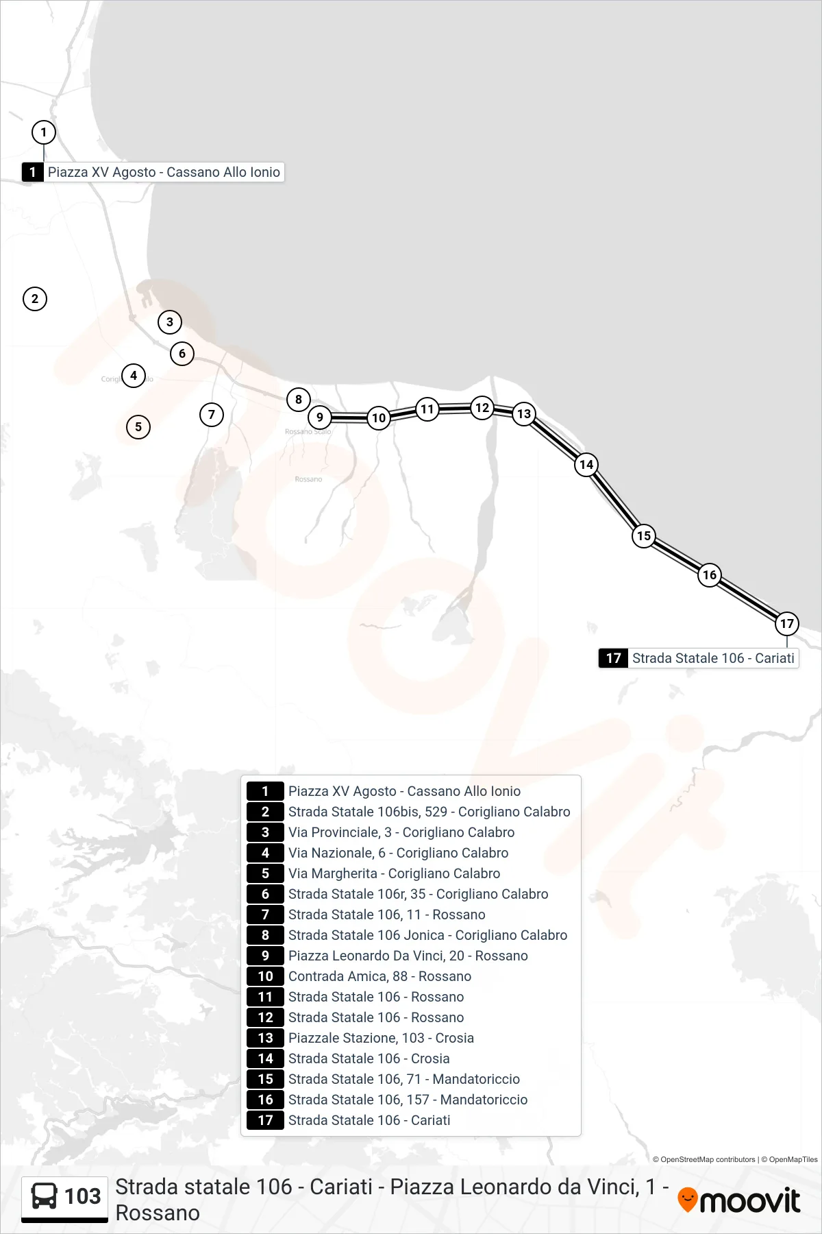Linea 103 bus (Strada Statale 106 - Cariati) - Percorsi e fermate sulla mappa