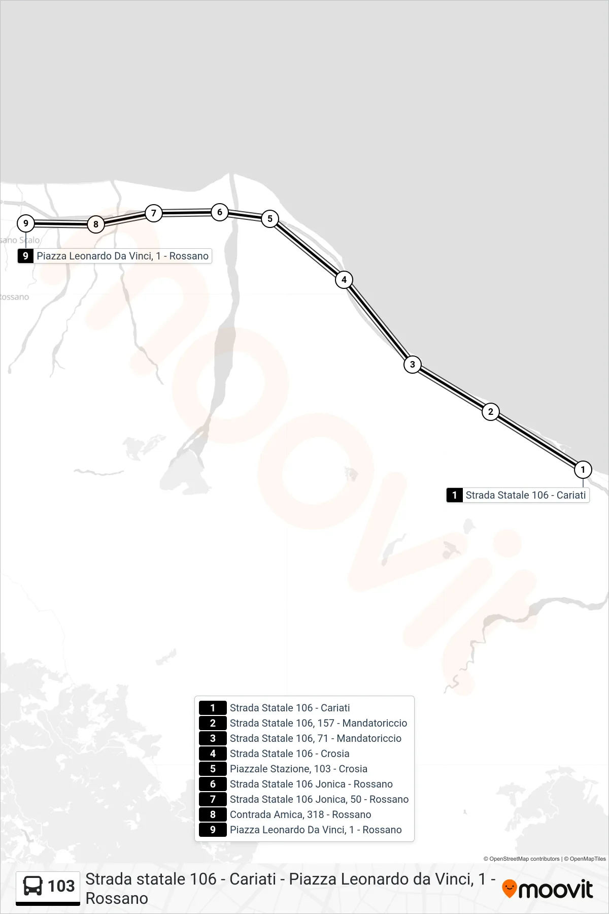 Linea 103  bus (Piazza Leonardo Da Vinci, 1 - Rossano) - Percorsi e fermate sulla mappa
