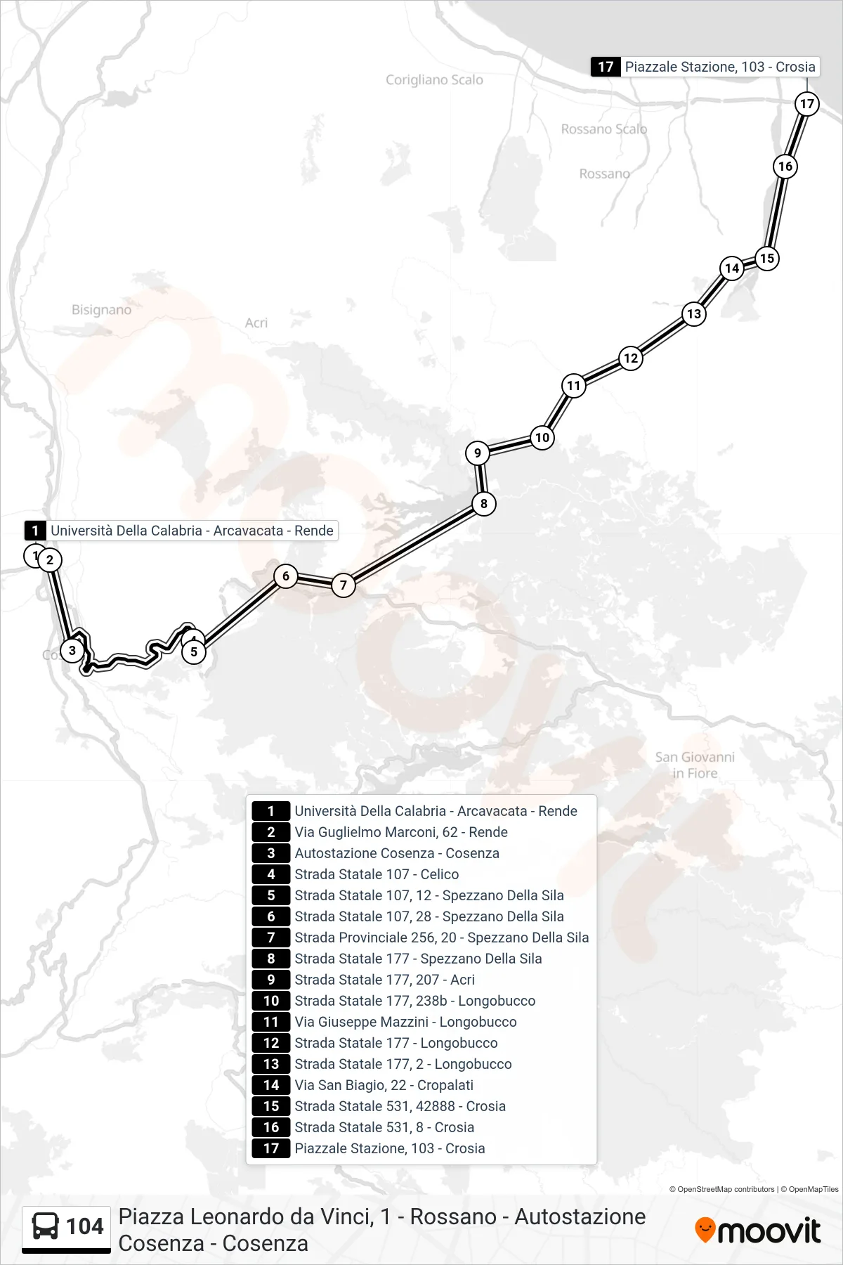 Linea 104 bus (Piazzale Stazione, 103 - Crosia) - Percorsi e fermate sulla mappa