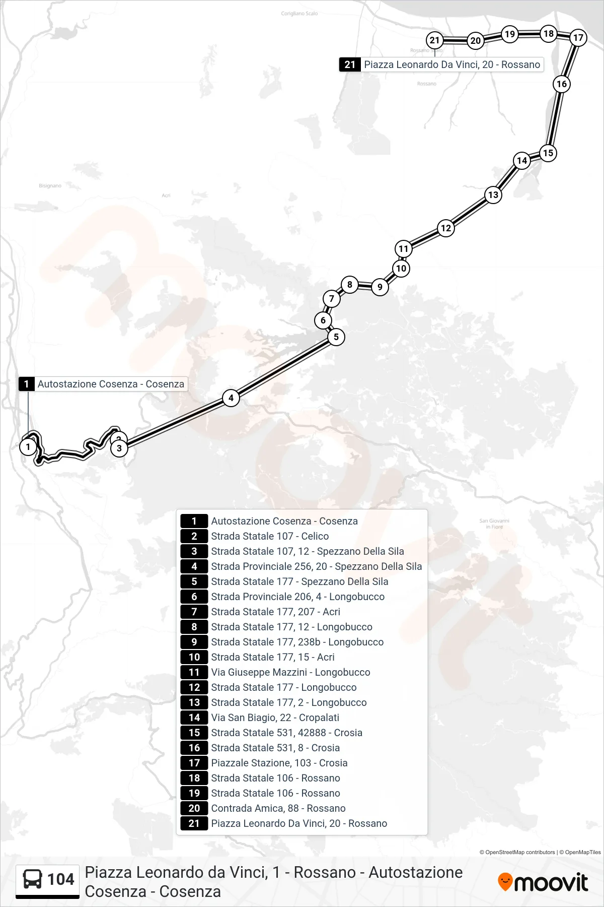 Linea 104  bus (Piazza  Leonardo Da Vinci, 20 - Rossano) - Percorsi e fermate sulla mappa