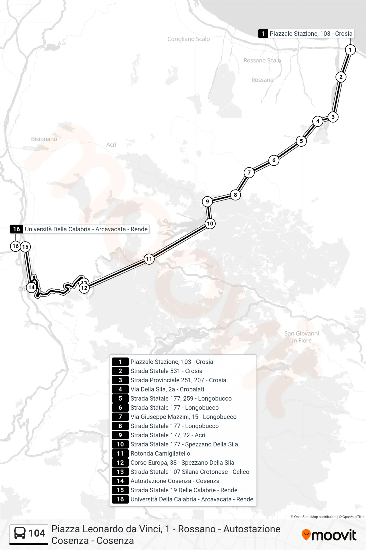 Linea 104  bus (Via Pietro Bucci - Rende) - Percorsi e fermate sulla mappa