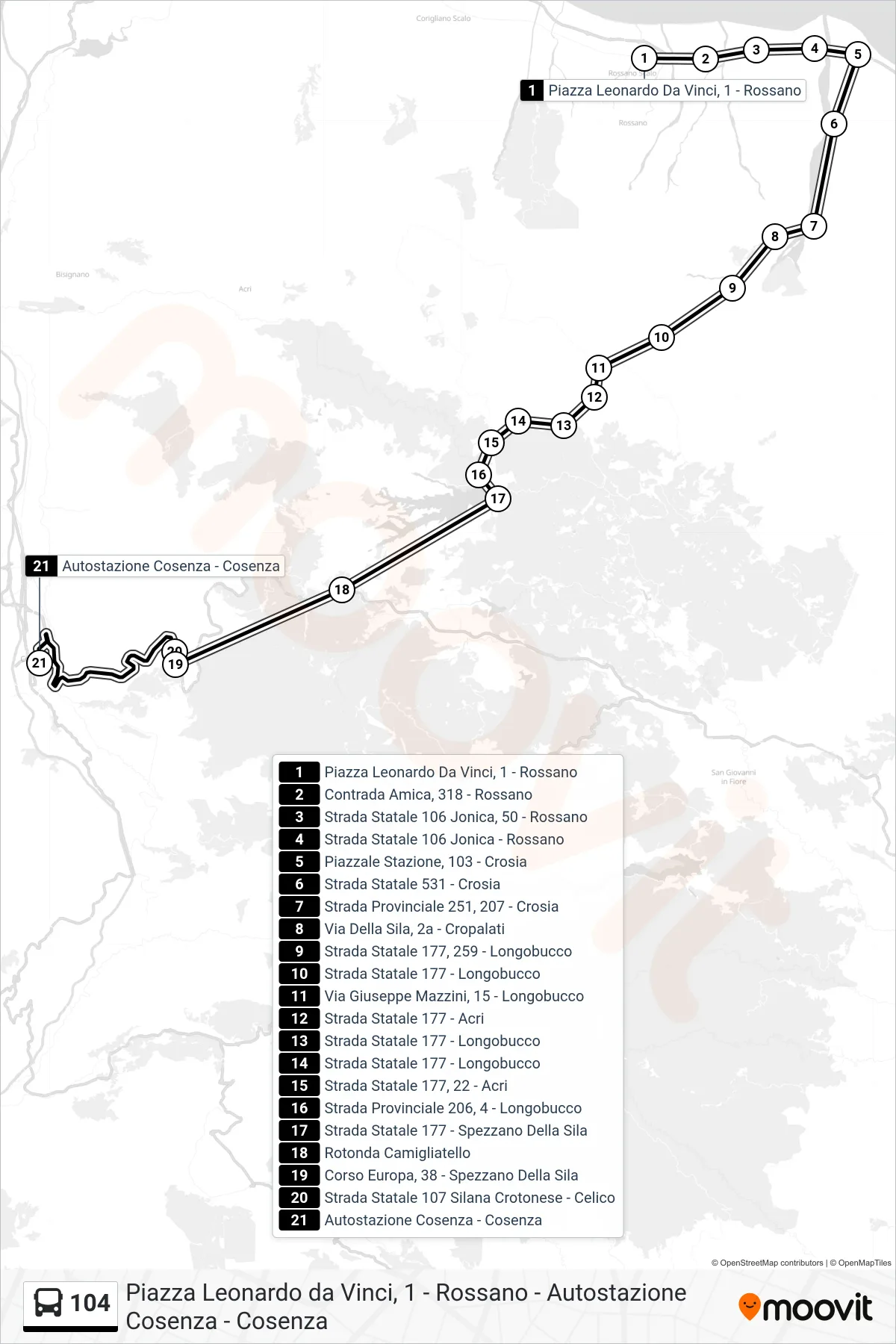 Linea 104 bus (Autostazione Cosenza - Cosenza) - Percorsi e fermate sulla mappa