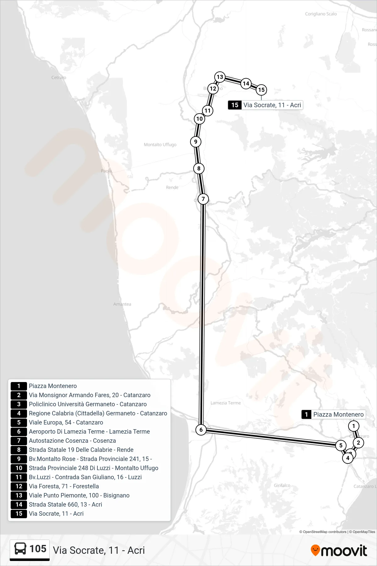 Linea 105 bus (Via Socrate, 11 - Acri) - Percorsi e fermate sulla mappa