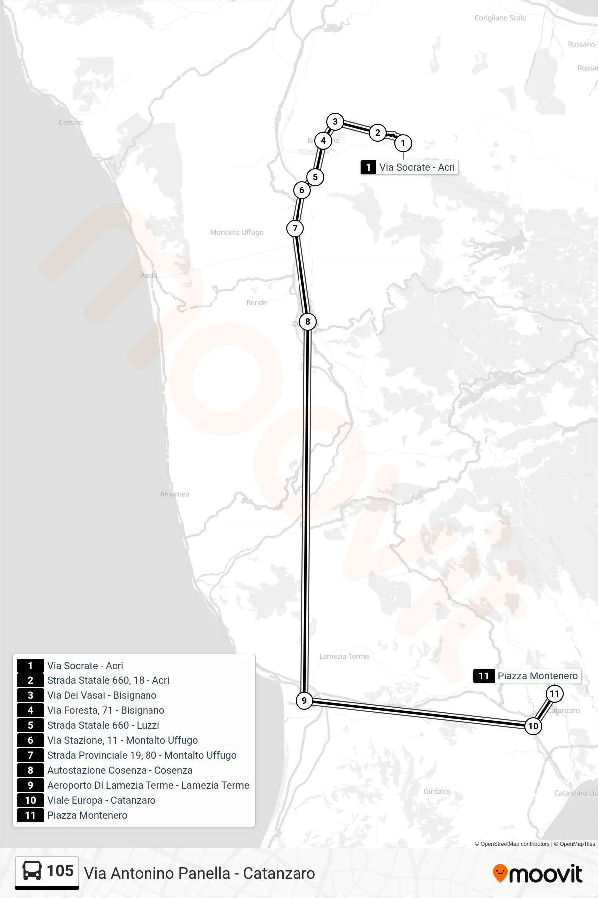 Linea 105  bus (Via  Antonino Panella - Catanzaro) - Percorsi e fermate sulla mappa