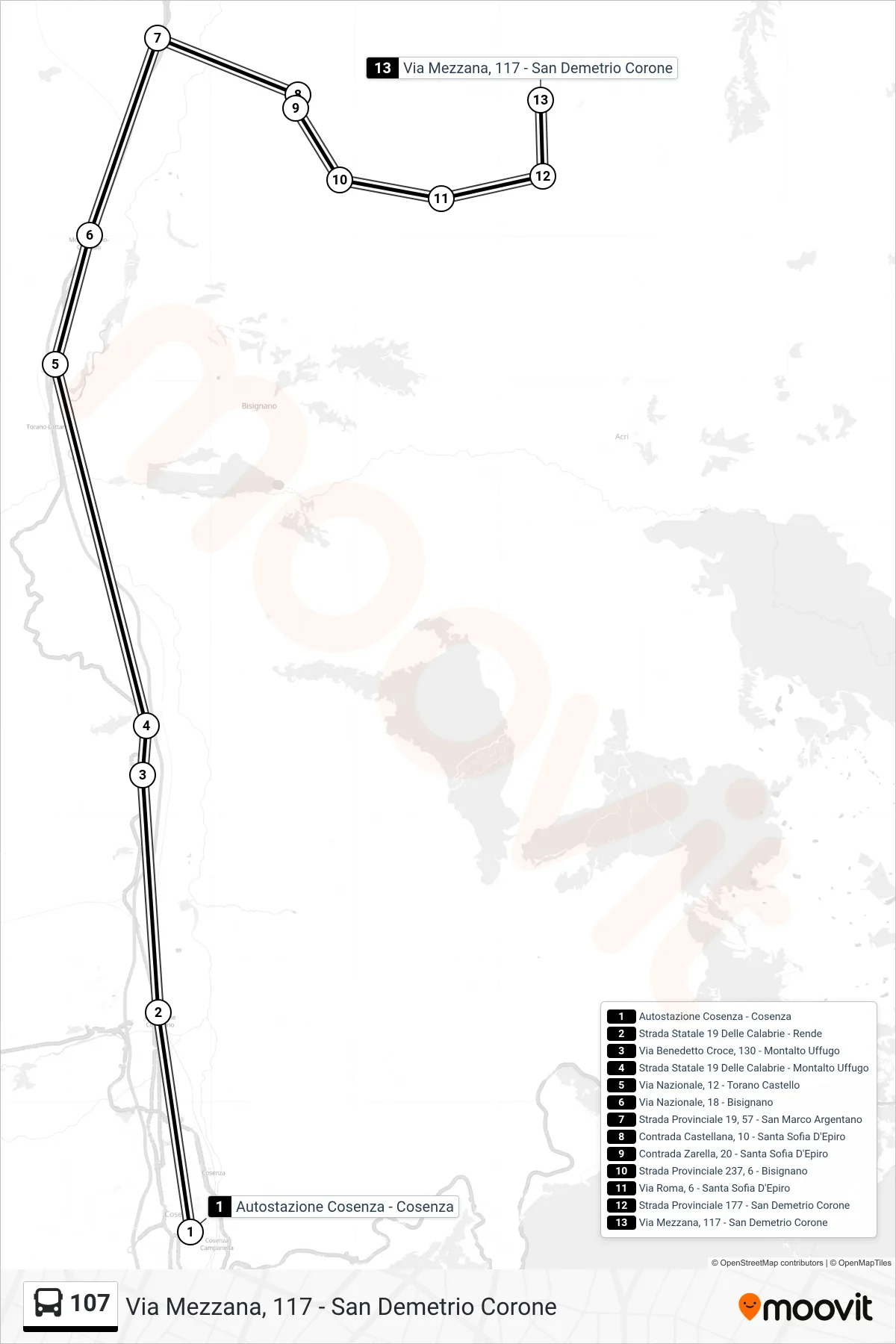 Linea 107  bus (Via  Mezzana, 117 - San Demetrio Corone) - Percorsi e fermate sulla mappa