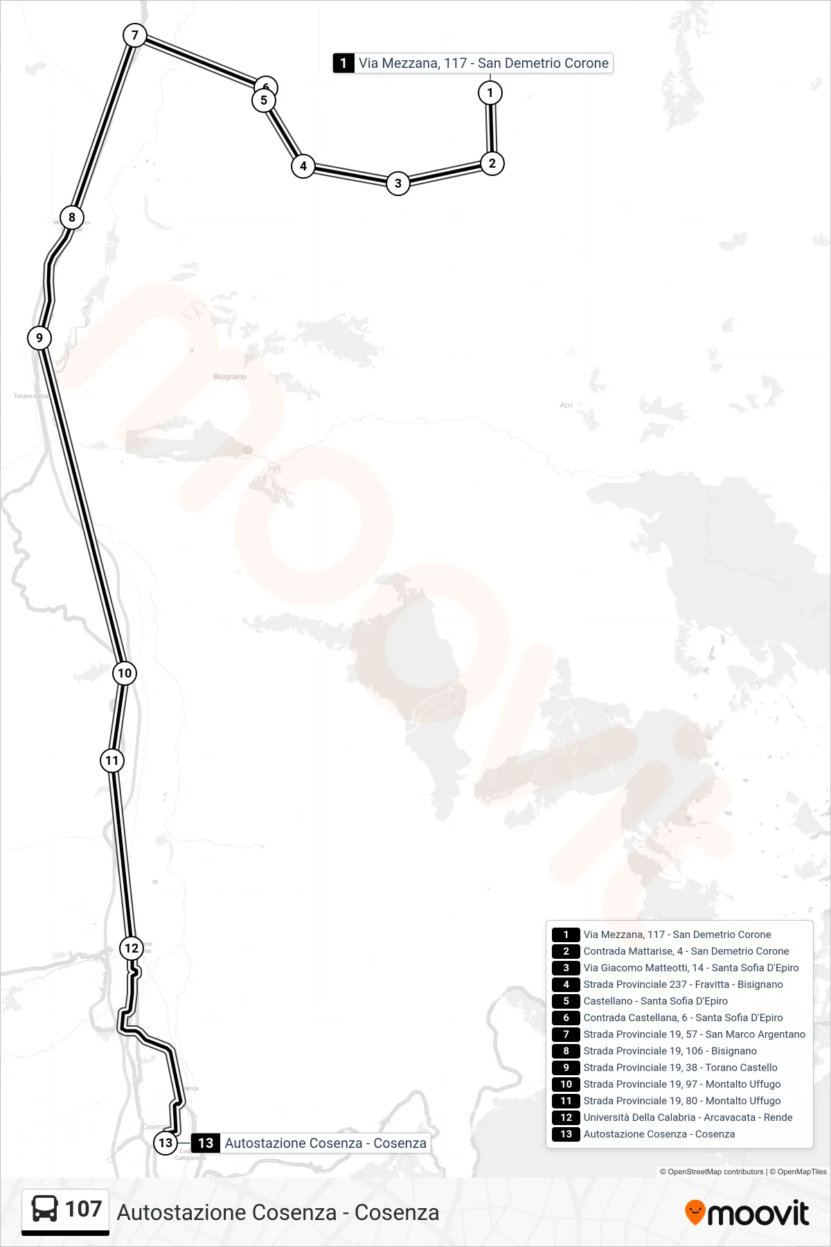 Linea 107 bus (Autostazione Cosenza - Cosenza) - Percorsi e fermate sulla mappa