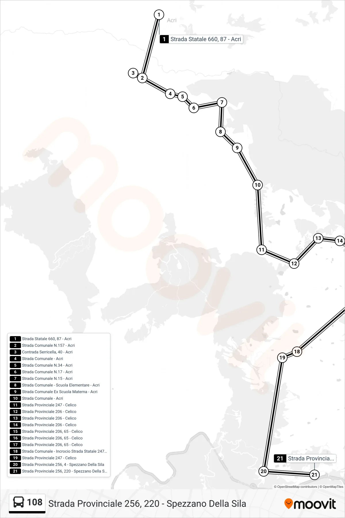 Linea 108 bus (Strada Provinciale 256, 220 - Spezzano Della Sila) - Percorsi e fermate sulla mappa