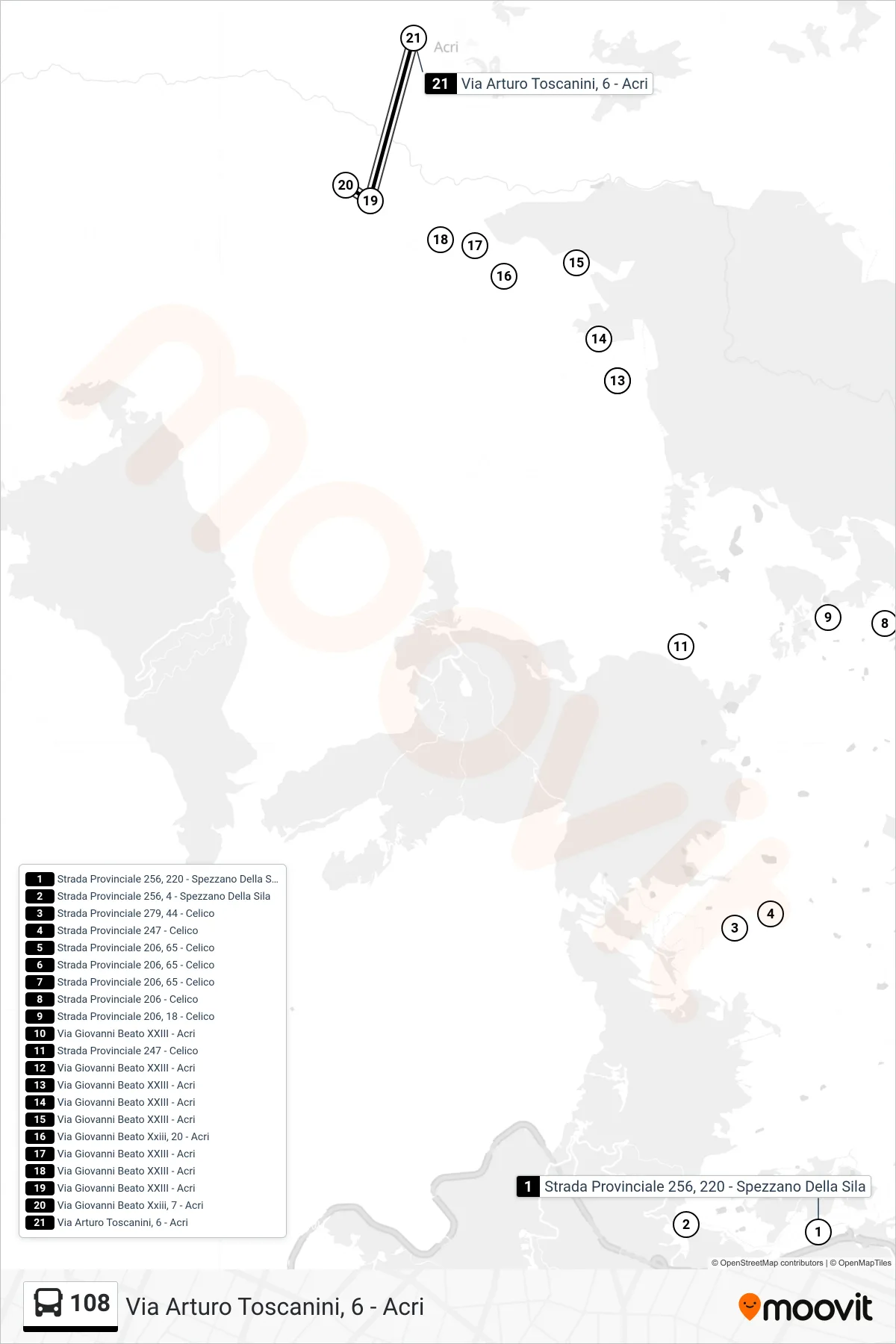 Linea 108 bus (Via Arturo Toscanini, 6 - Acri) - Percorsi e fermate sulla mappa