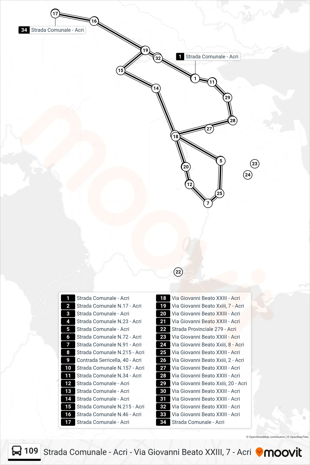 Linea 109 bus (Strada Comunale - Acri) - Percorsi e fermate sulla mappa