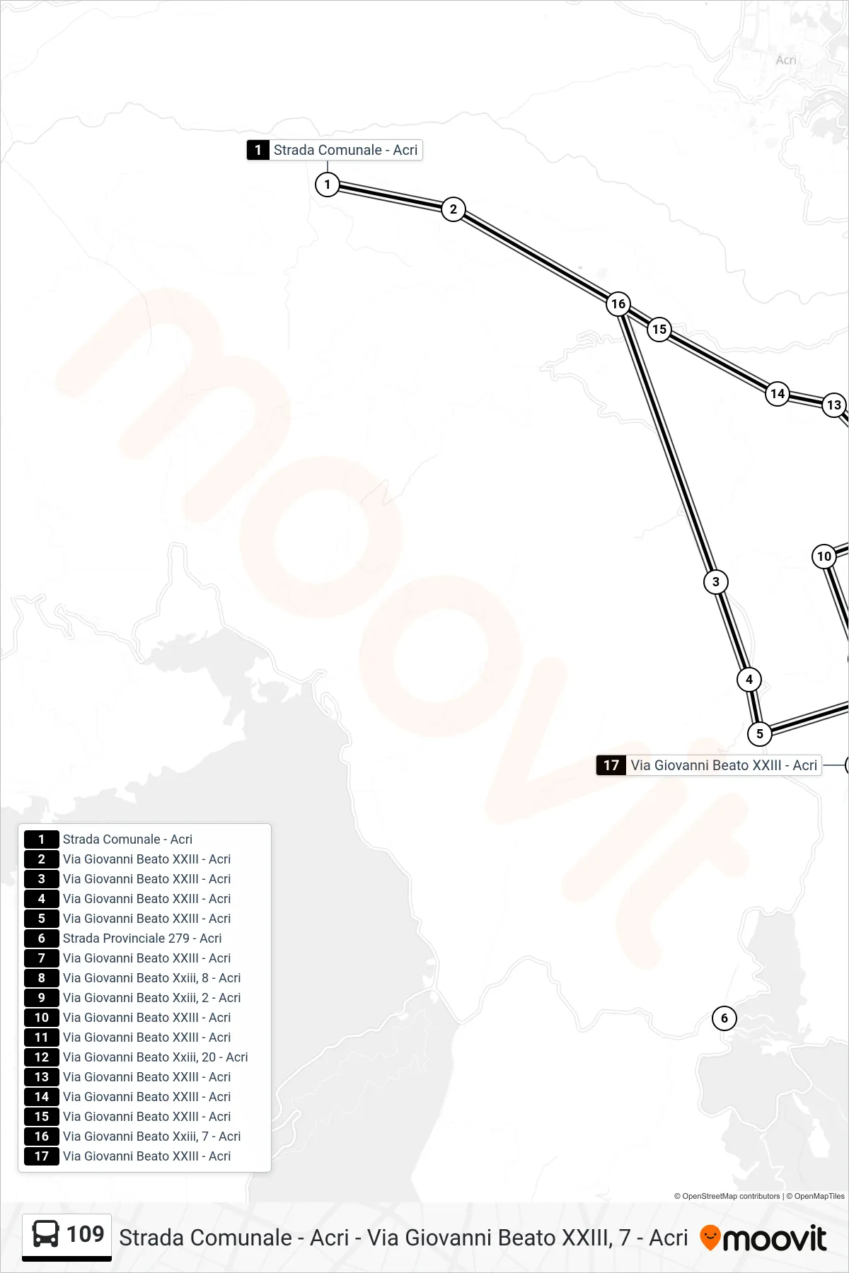 Linea 109  bus (Via  Giovanni Beato Xxiii, 7 - Acri) - Percorsi e fermate sulla mappa