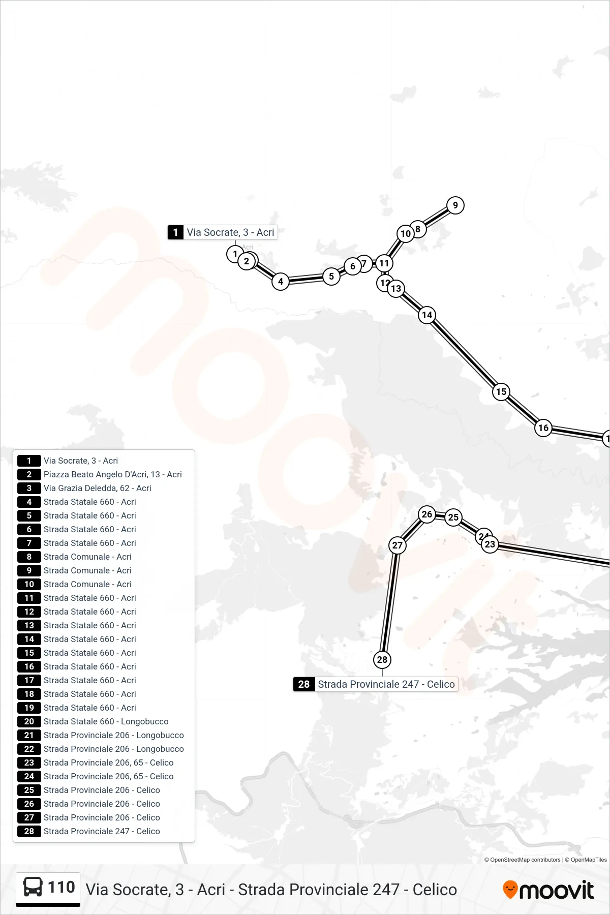 Linea 110  bus (Strada Provinciale 247 - Celico) - Percorsi e fermate sulla mappa