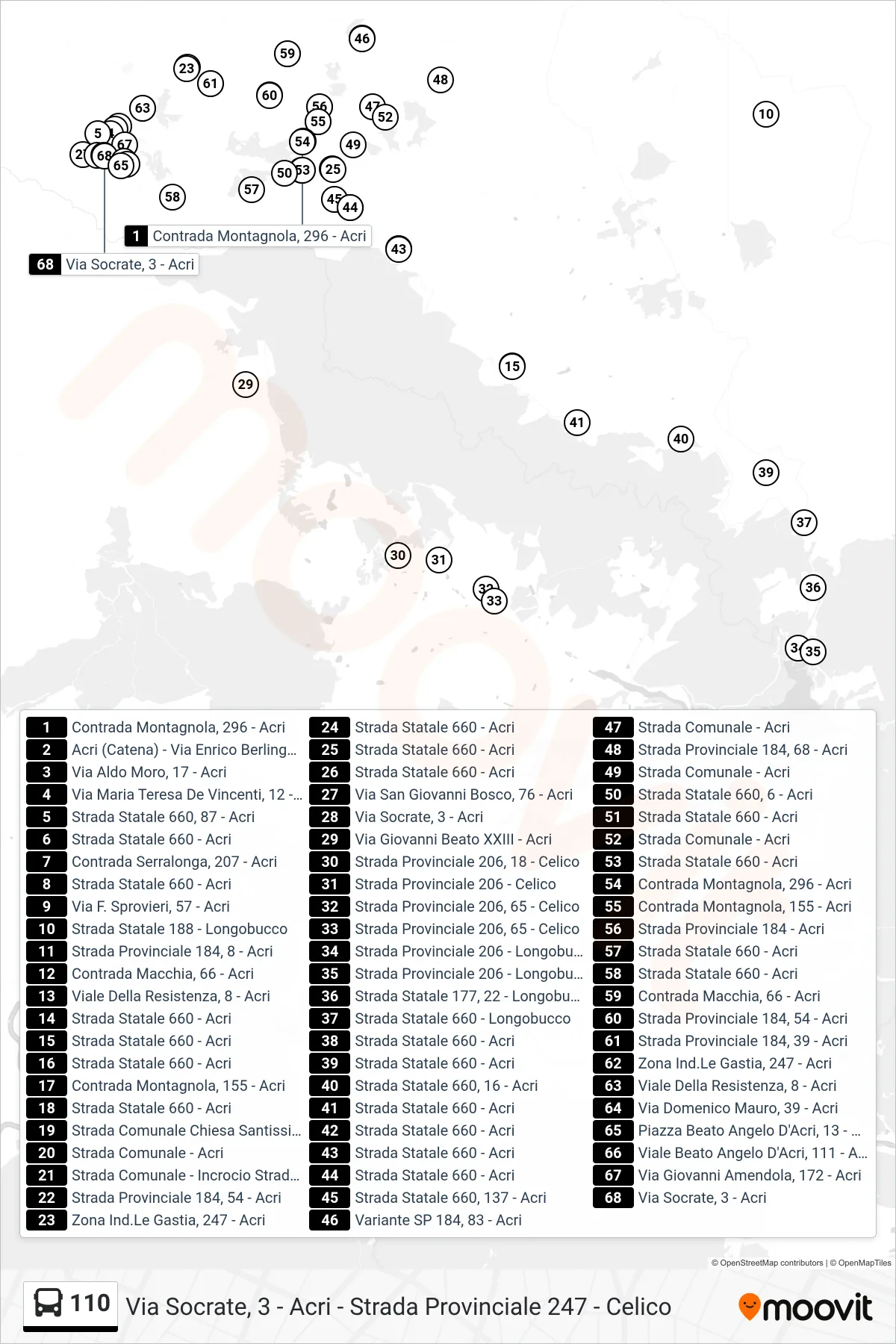 Linea 110  bus (Via Socrate, 3 - Acri) - Percorsi e fermate sulla mappa